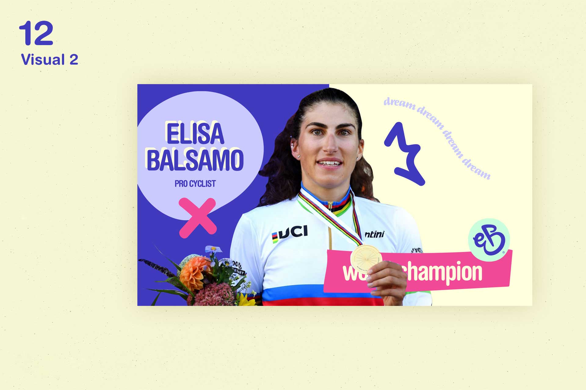 Pro cyclist Elisa Balsamo holding a gold medal and bouquet, wearing a UCI champion jersey.