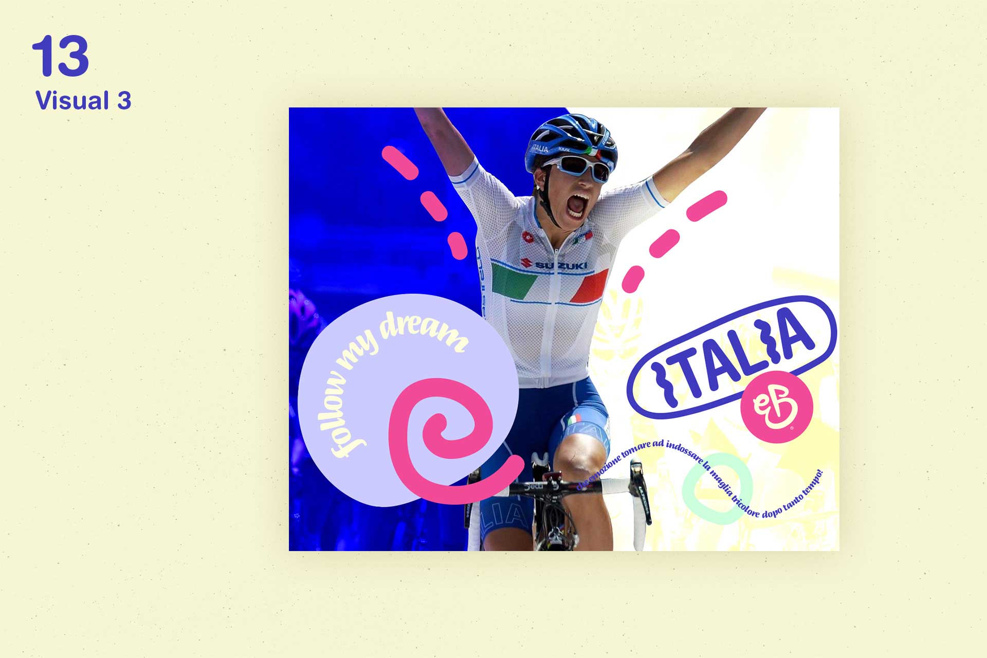 Cyclist in Italy team jersey celebrating victory with arms raised, surrounded by colorful graphic text and swirls.