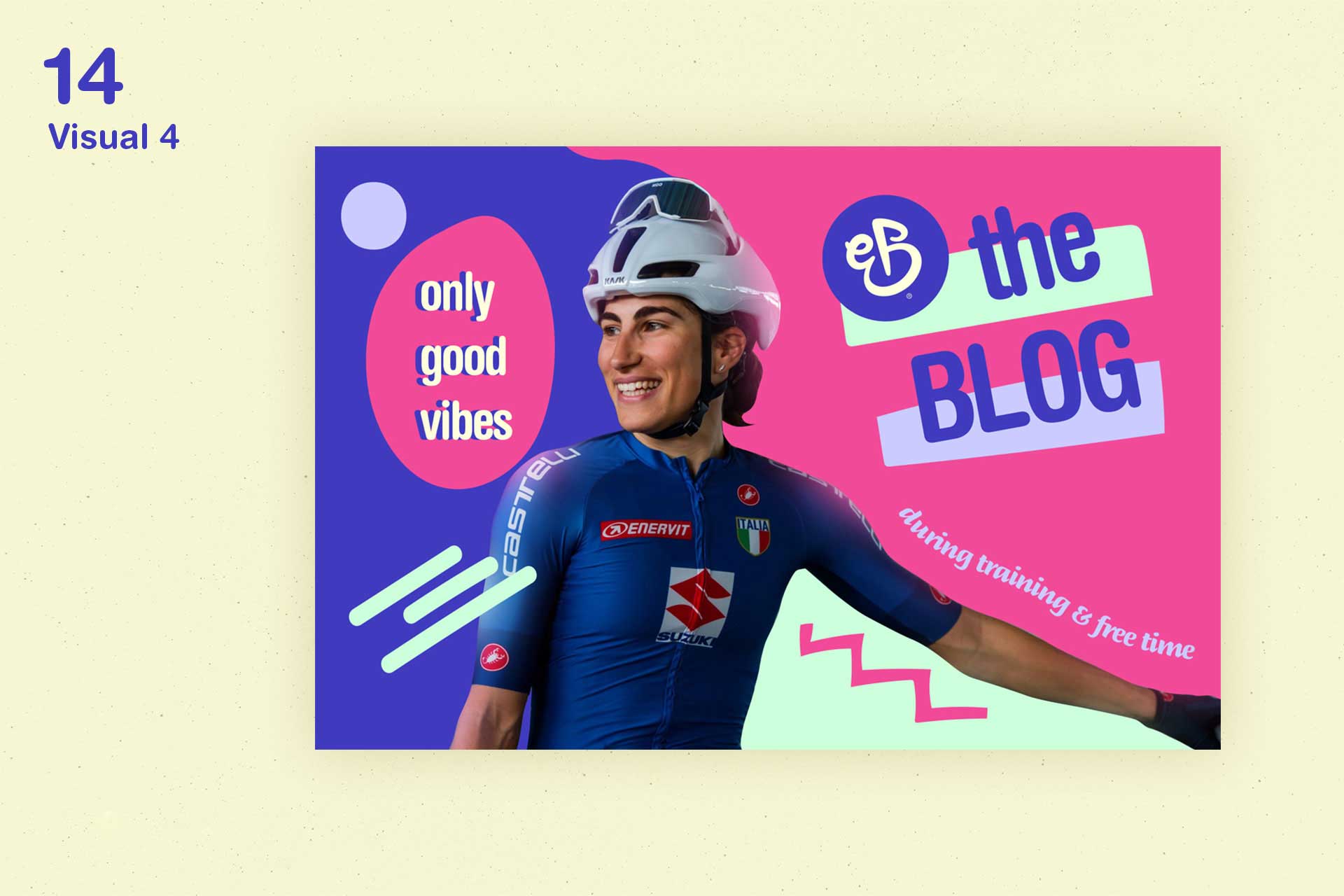 Smiling cyclist in Italian team uniform and white helmet with colorful background and text saying 'only good vibes' and 'eB the BLOG during training & free time'.