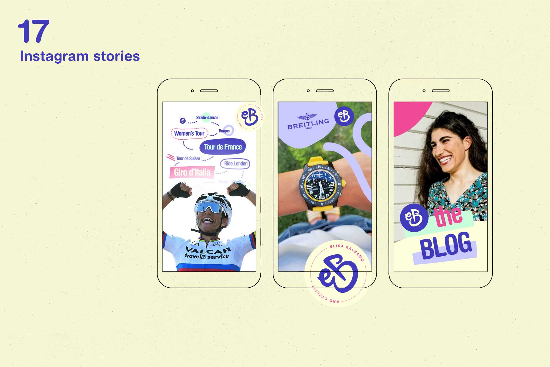 Three illustrated Instagram stories on smartphones featuring a cyclist celebrating, a watch with Breitling logo, and a smiling woman with the text 'the BLOG'.