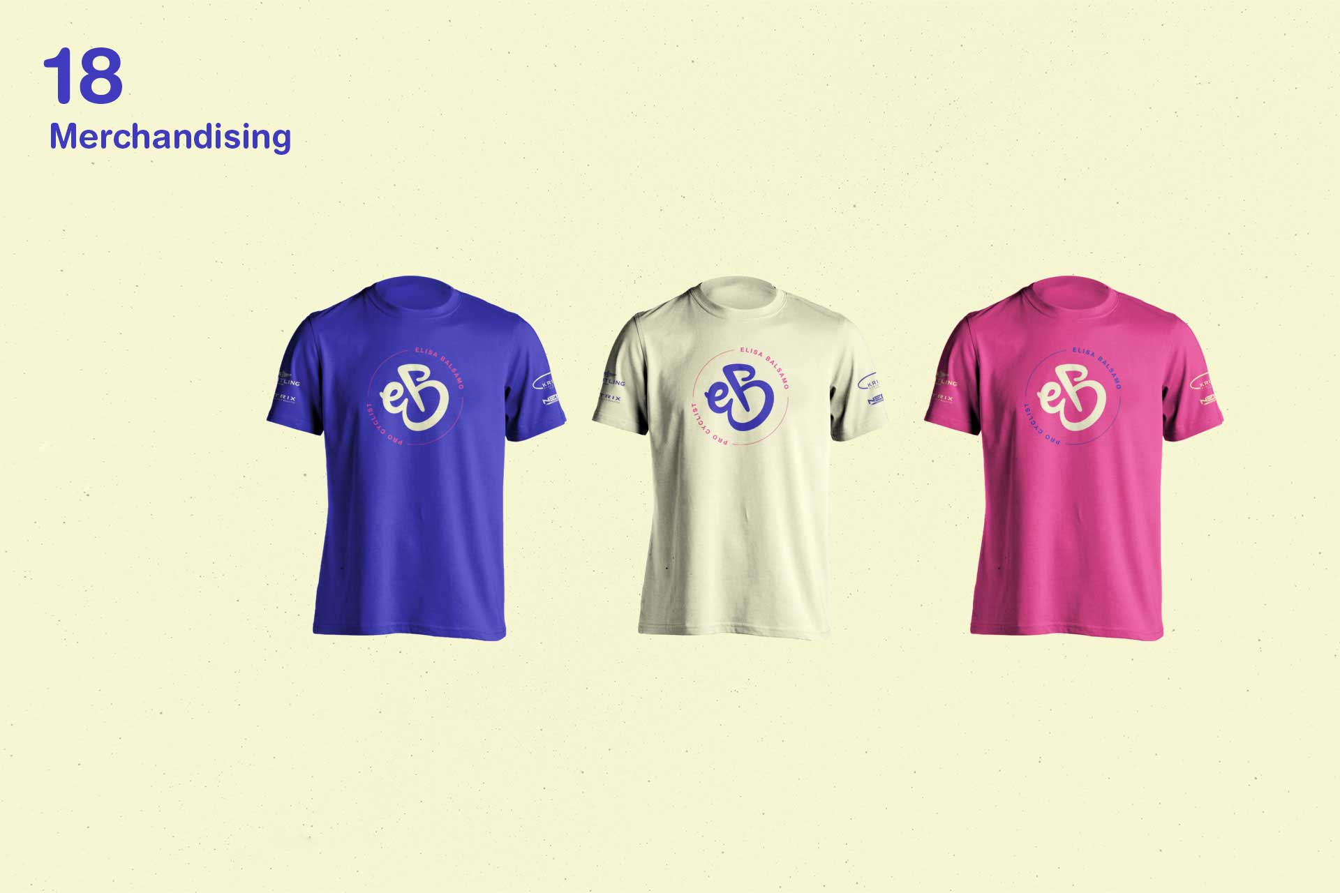 Three t-shirts in blue, off-white, and pink, each with a circular logo featuring the letters 'eB' and sponsor logos on the sleeves.