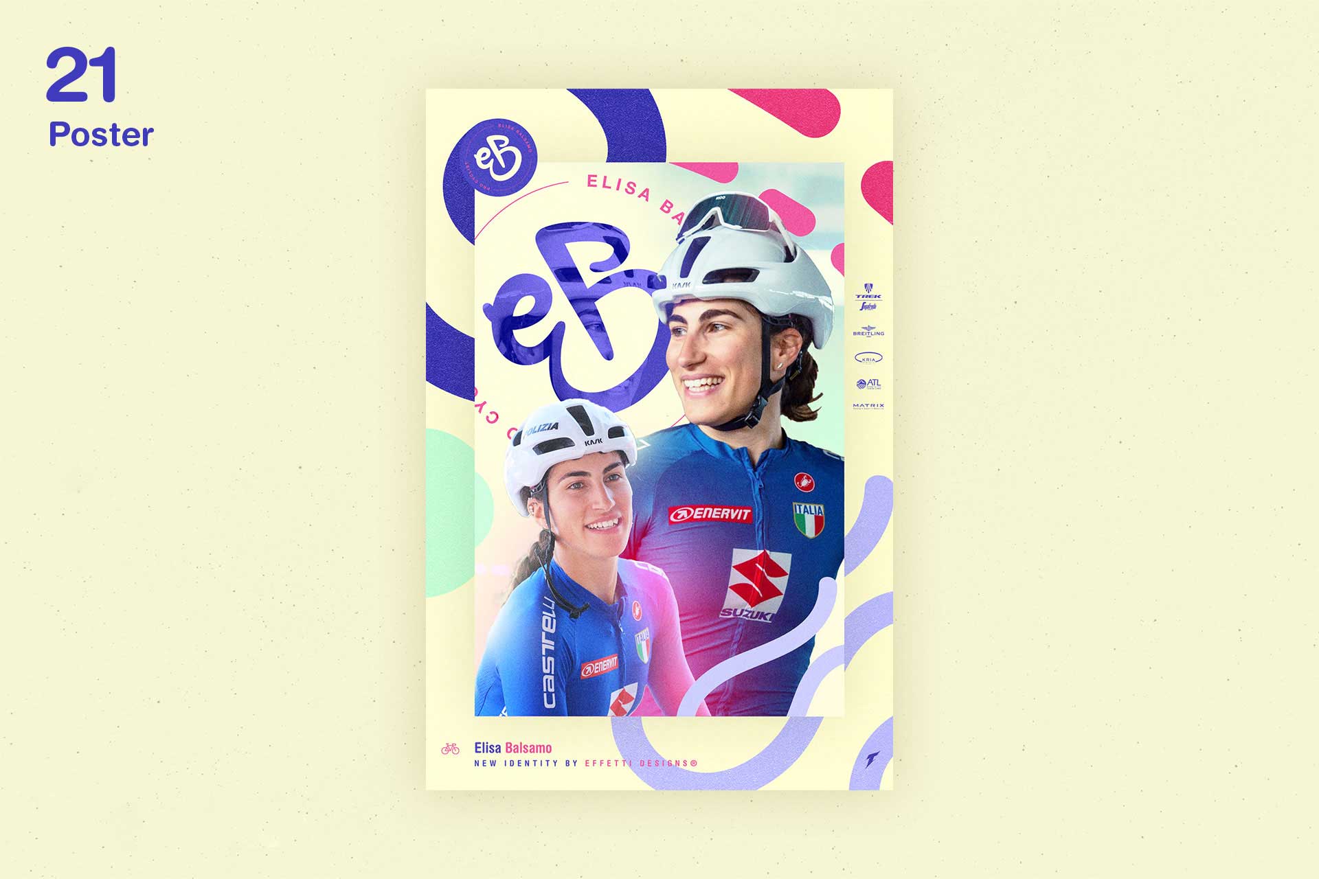 Poster featuring two images of cyclist Elisa Balsamo in blue Italian cycling team kits and white helmets, with colorful abstract shapes and logos.