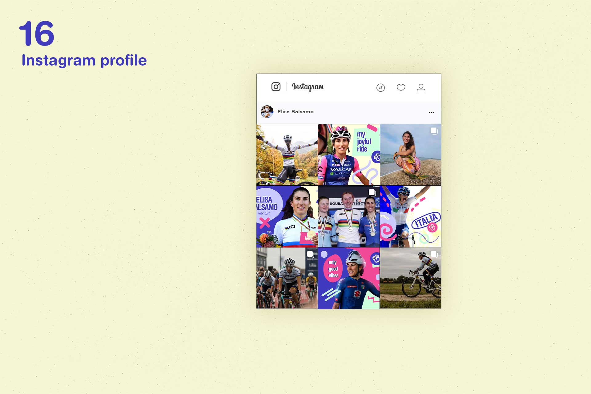 Instagram profile grid of cyclist Elisa Balsamo showing cycling photos, awards, and some artistic text overlays.
