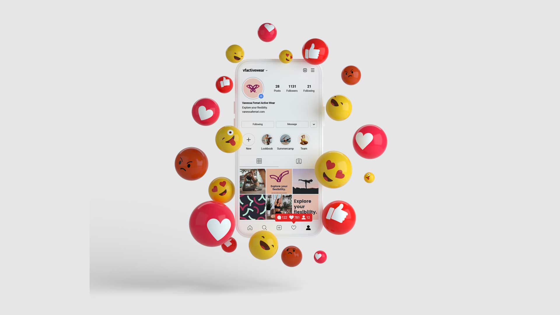 Smartphone displaying Vanessa Ferrari Active Wear Instagram profile surrounded by floating colorful social media reaction emoji spheres.