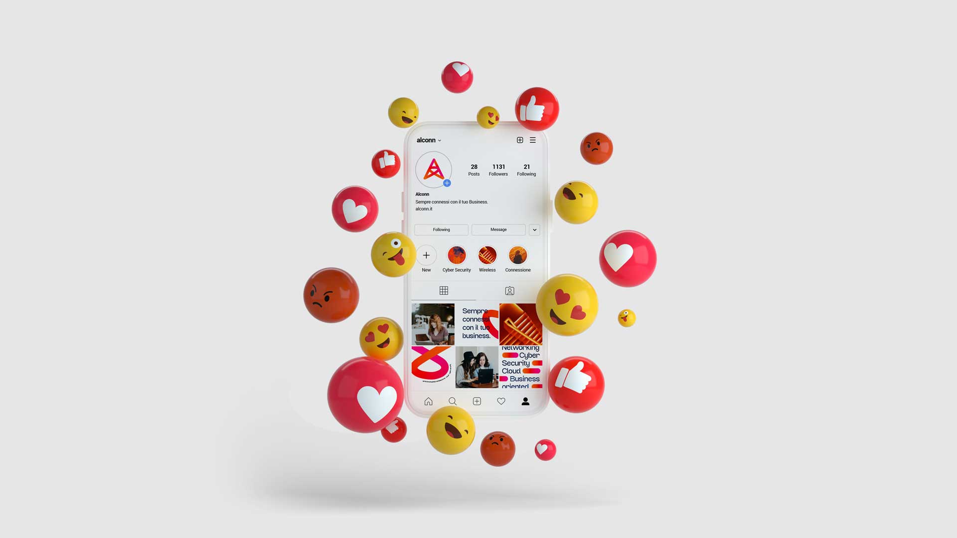 Smartphone screen showing Instagram profile surrounded by floating reaction emojis including hearts, thumbs up, and smiley faces.