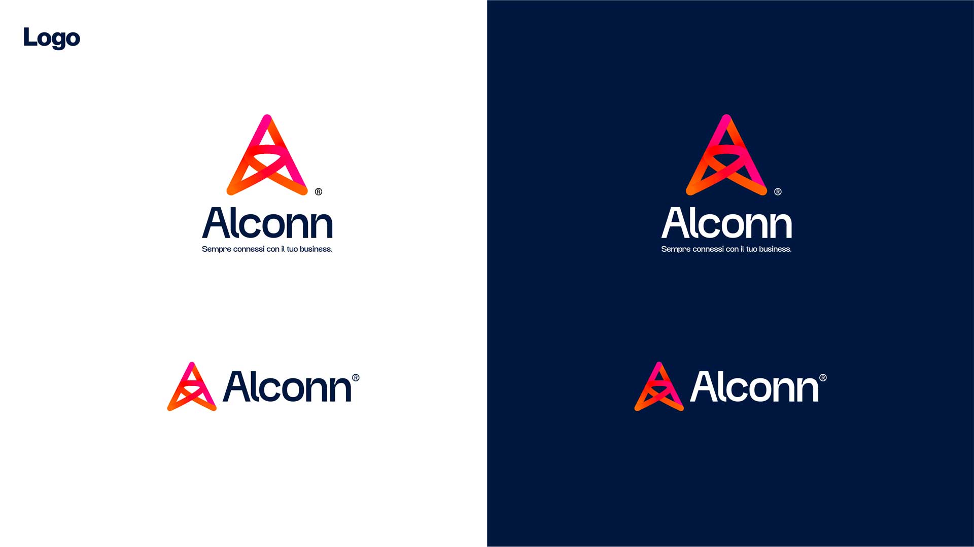Alconn logo with stylized orange and pink letter A above the company name and tagline in Italian, shown on white and dark blue backgrounds.