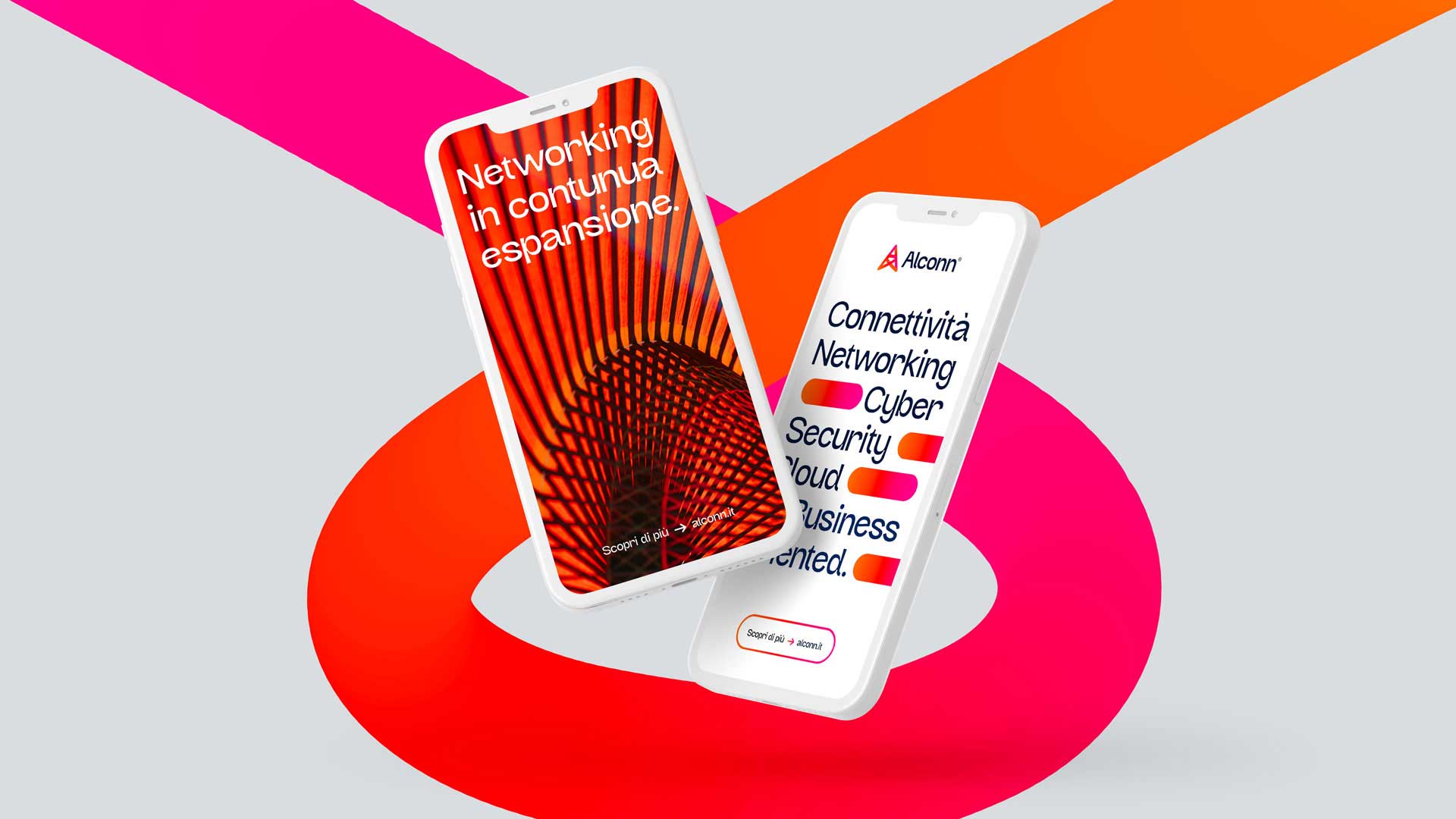 Two white smartphones floating above a stylized orange and pink circular shape; one phone screen shows the text 'Networking incontinua espansione,' and the other displays 'Alconn' logo with networking and cybersecurity-related words.