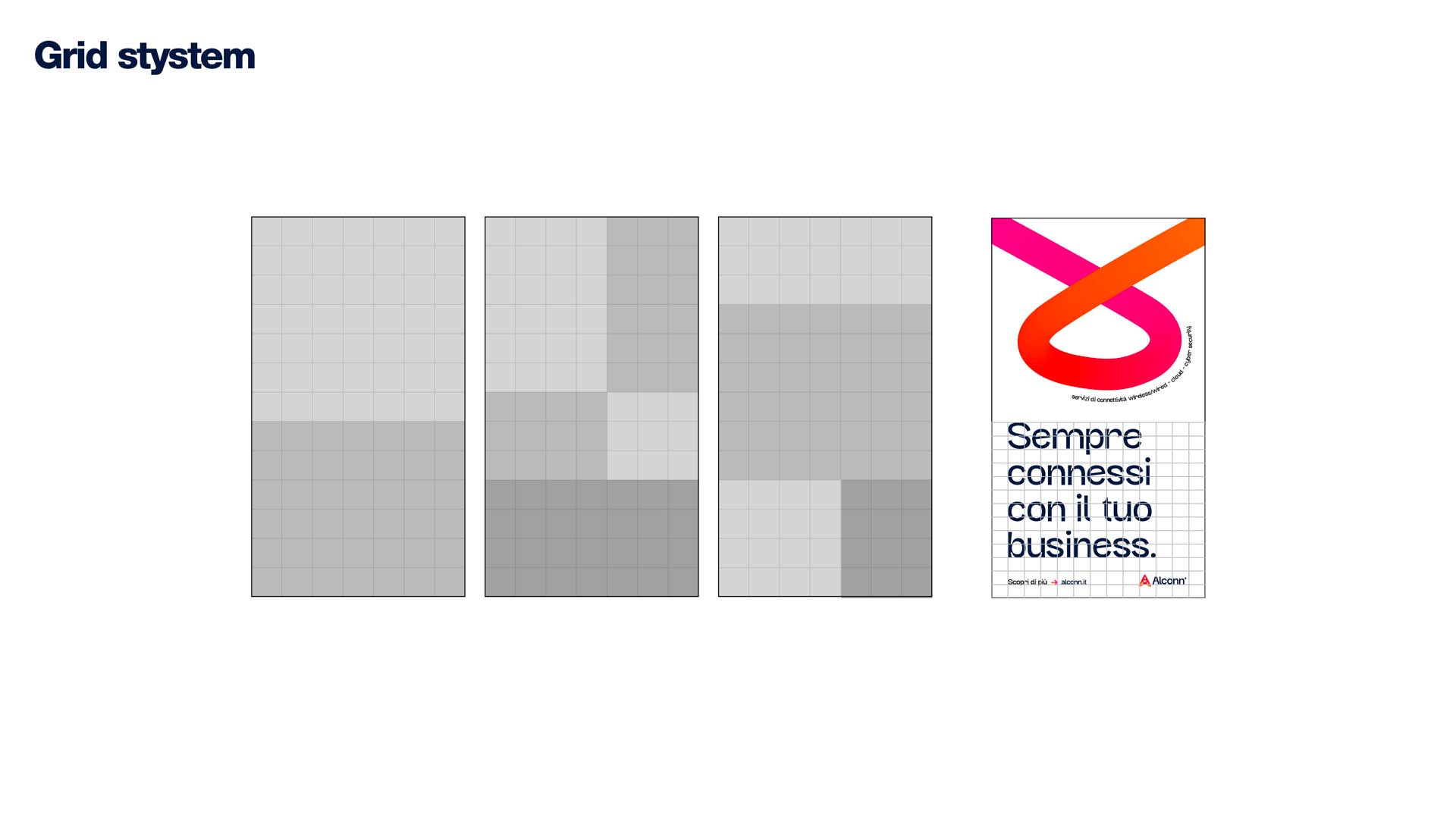 Illustration of three grid layouts showing different shading patterns and a fourth section with a colorful loop graphic and text in Italian saying 'Sempre connessi con il tuo business.'