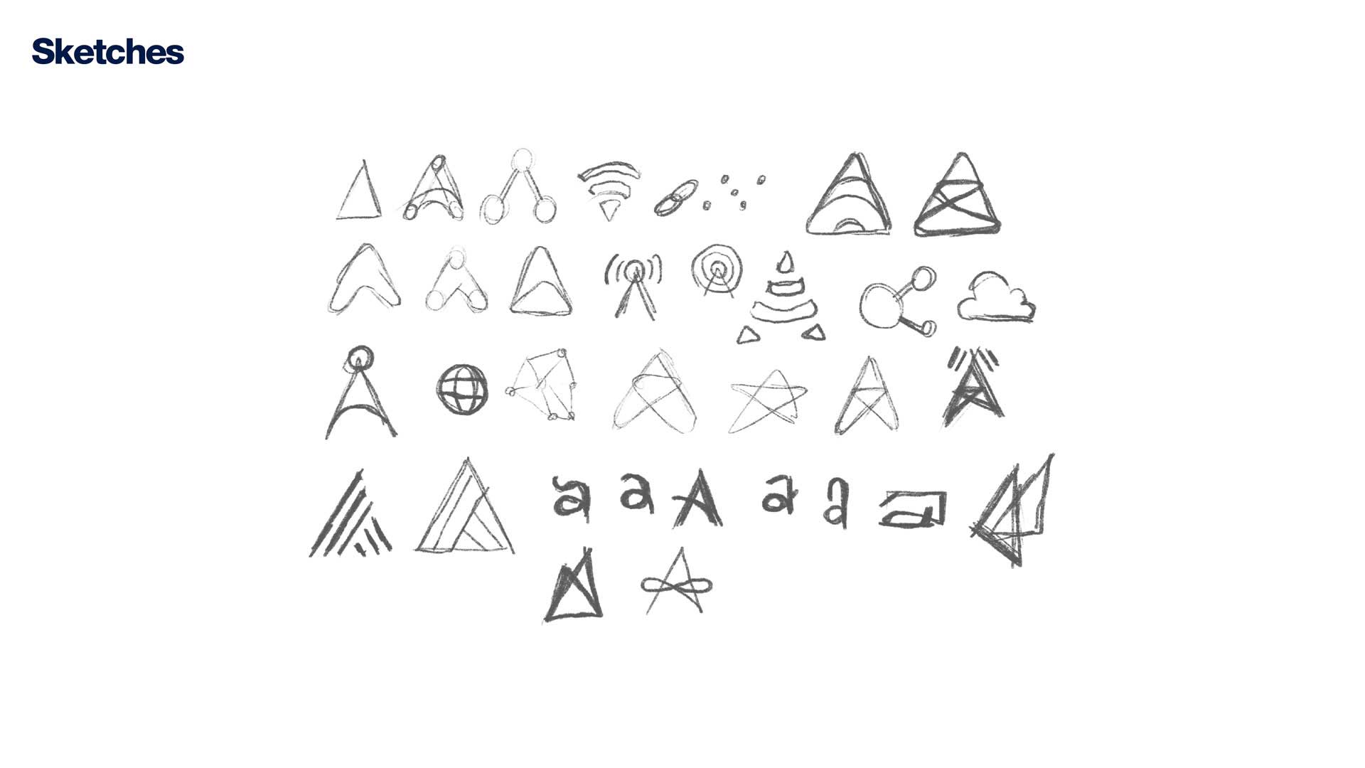 Collection of diverse hand-drawn logo sketches featuring abstract shapes, triangles, wireless and network symbols arranged in rows.