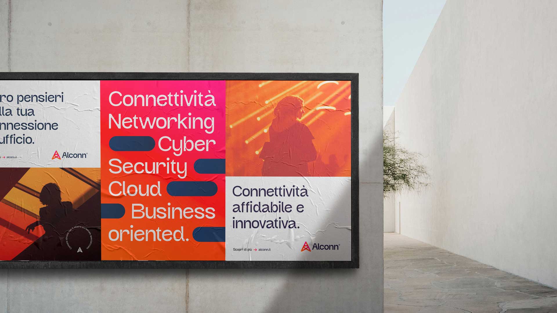 Colorful poster on a concrete wall featuring business and technology keywords like connectivity, networking, cyber security, cloud, and business oriented with abstract images and Alconn logo.