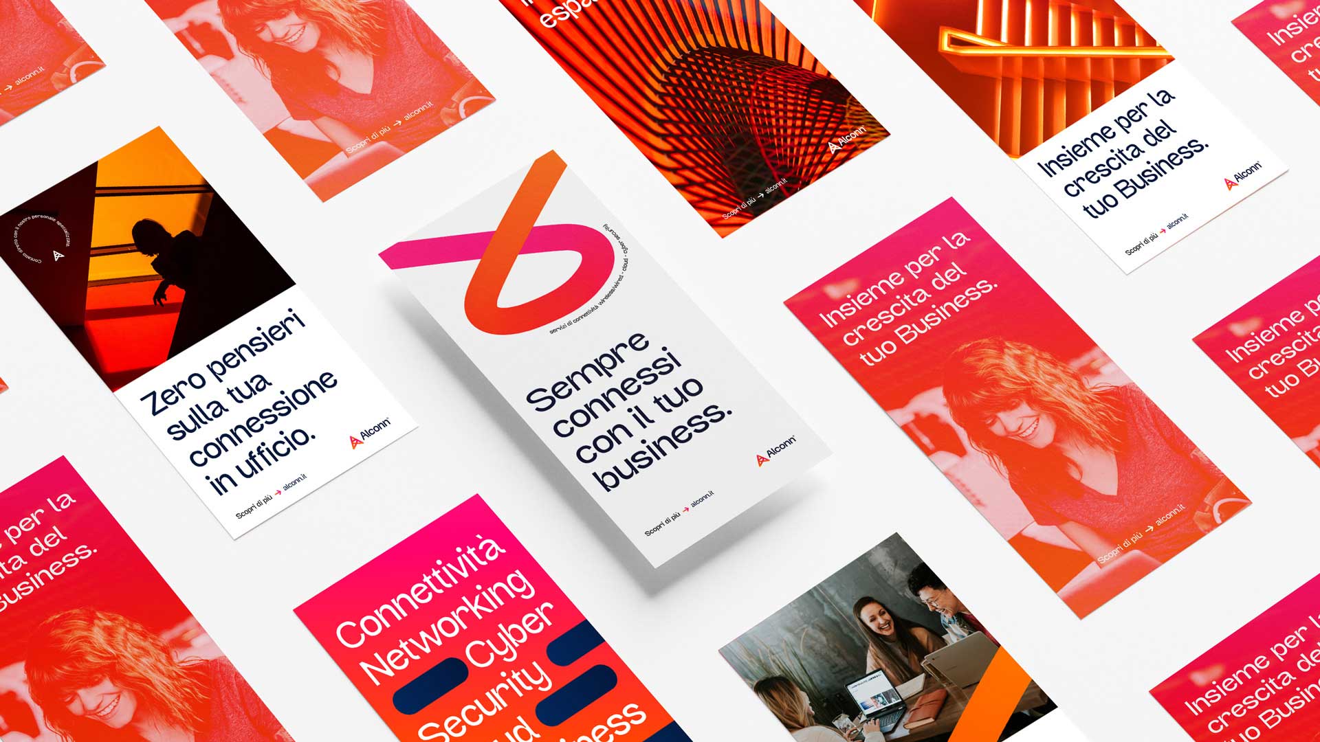 Multiple business-themed flyers with Italian text and images laid out on a white background, featuring connectivity, networking, and business growth messages.