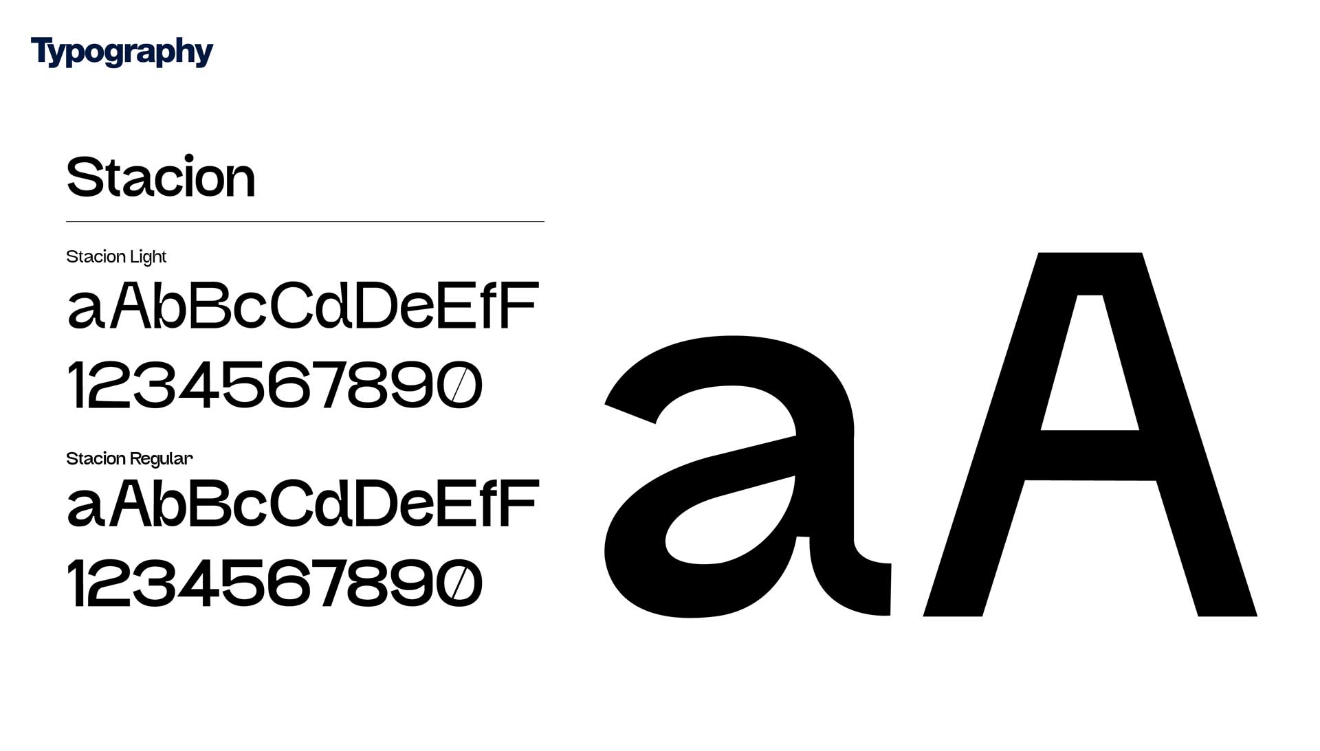 Typography showcase of Stacion font with examples of Stacion Light and Stacion Regular styles displaying uppercase and lowercase letters and numbers, plus large sized lowercase 'a' and uppercase 'A'.