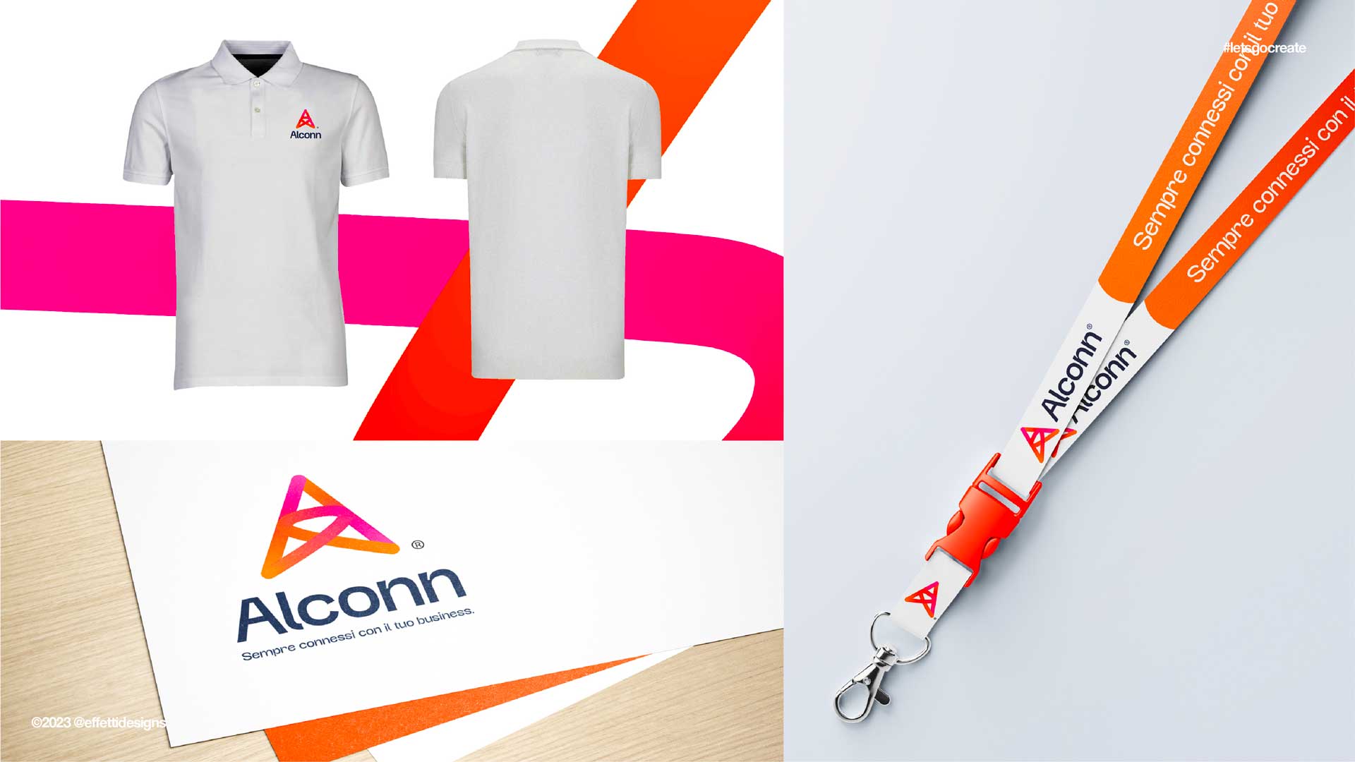 Branded Alconn white polo shirt front and back, business card with Alconn logo and slogan, and white and orange lanyard with Alconn logo and slogan.