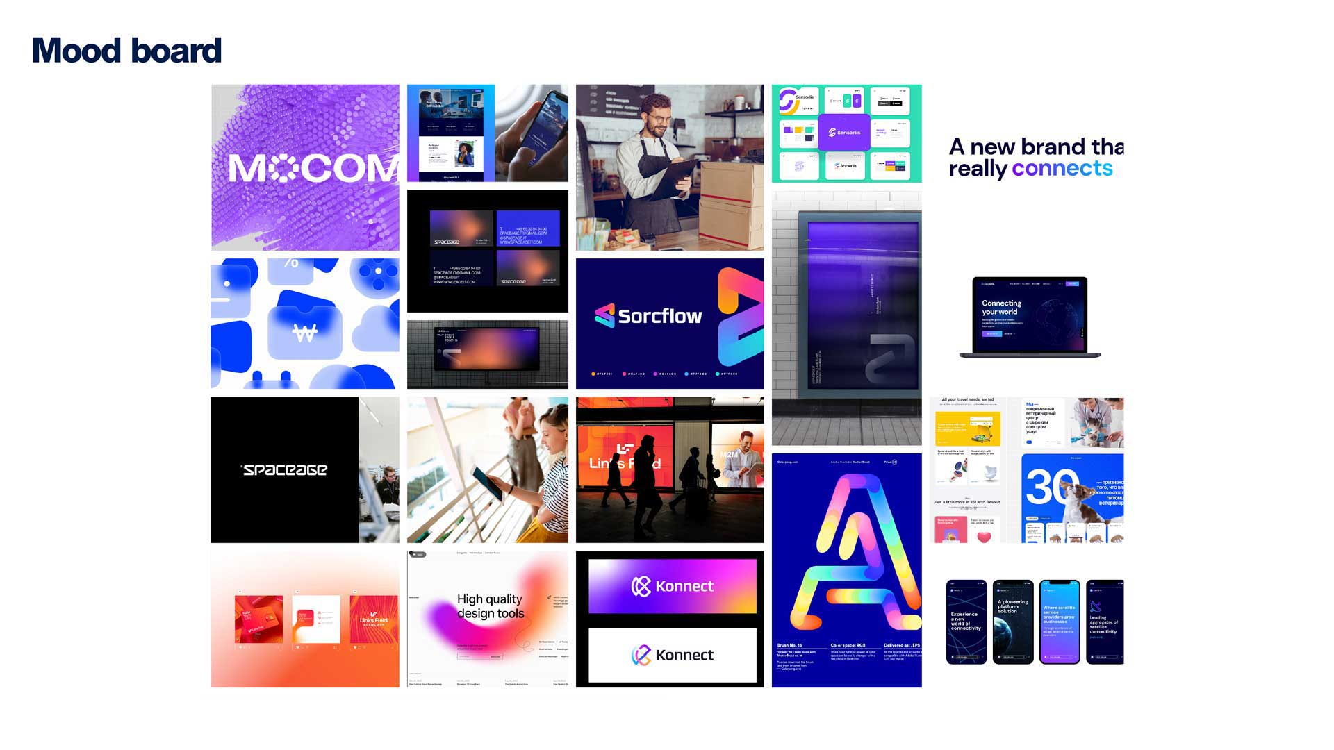 Collage mood board showcasing various colorful brand logos, digital interfaces, packaging designs, and marketing visuals with a tech and creative theme.