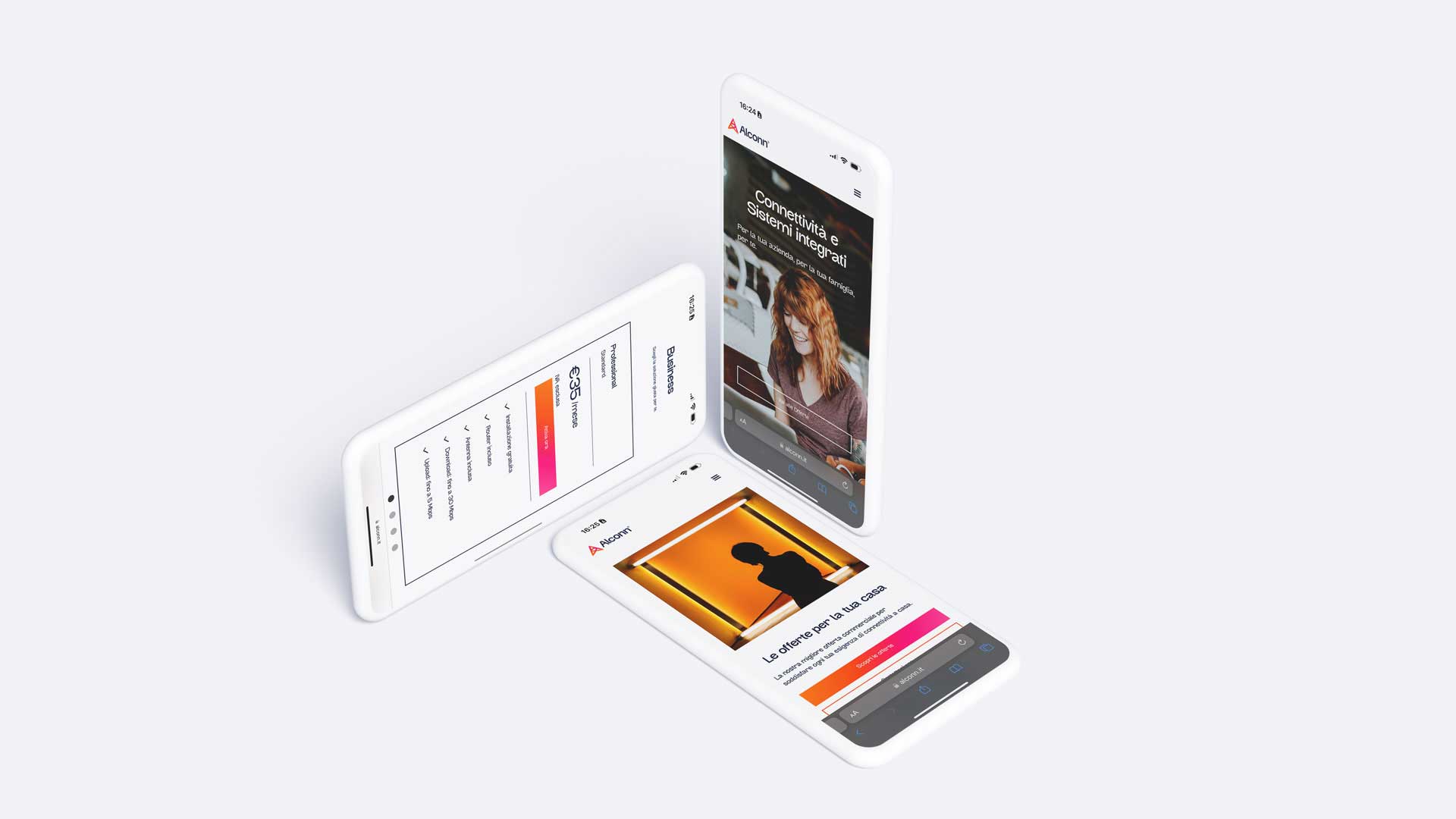 Three white smartphones displaying an Italian website with sections about connectivity, pricing, and home offers.