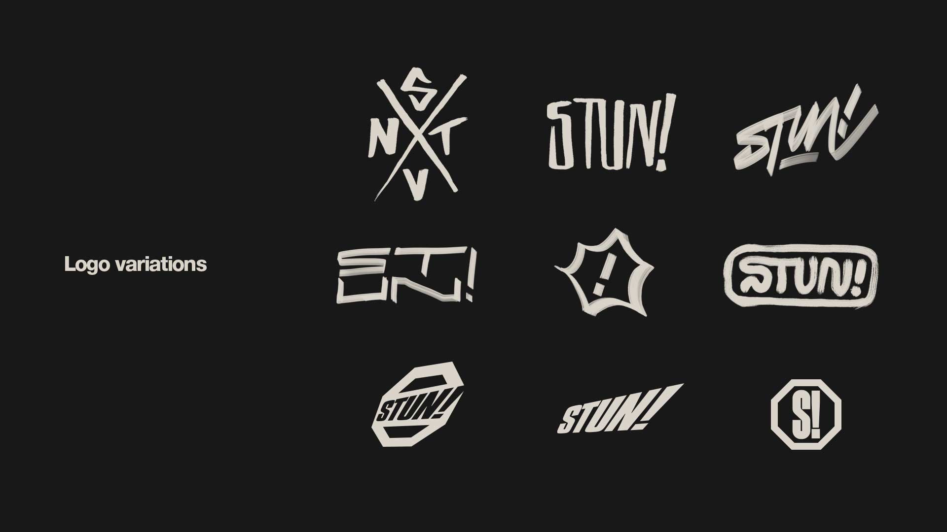Nine variations of the word 'STUN!' and related designs on a black background with the text 'Logo variations' on the left.