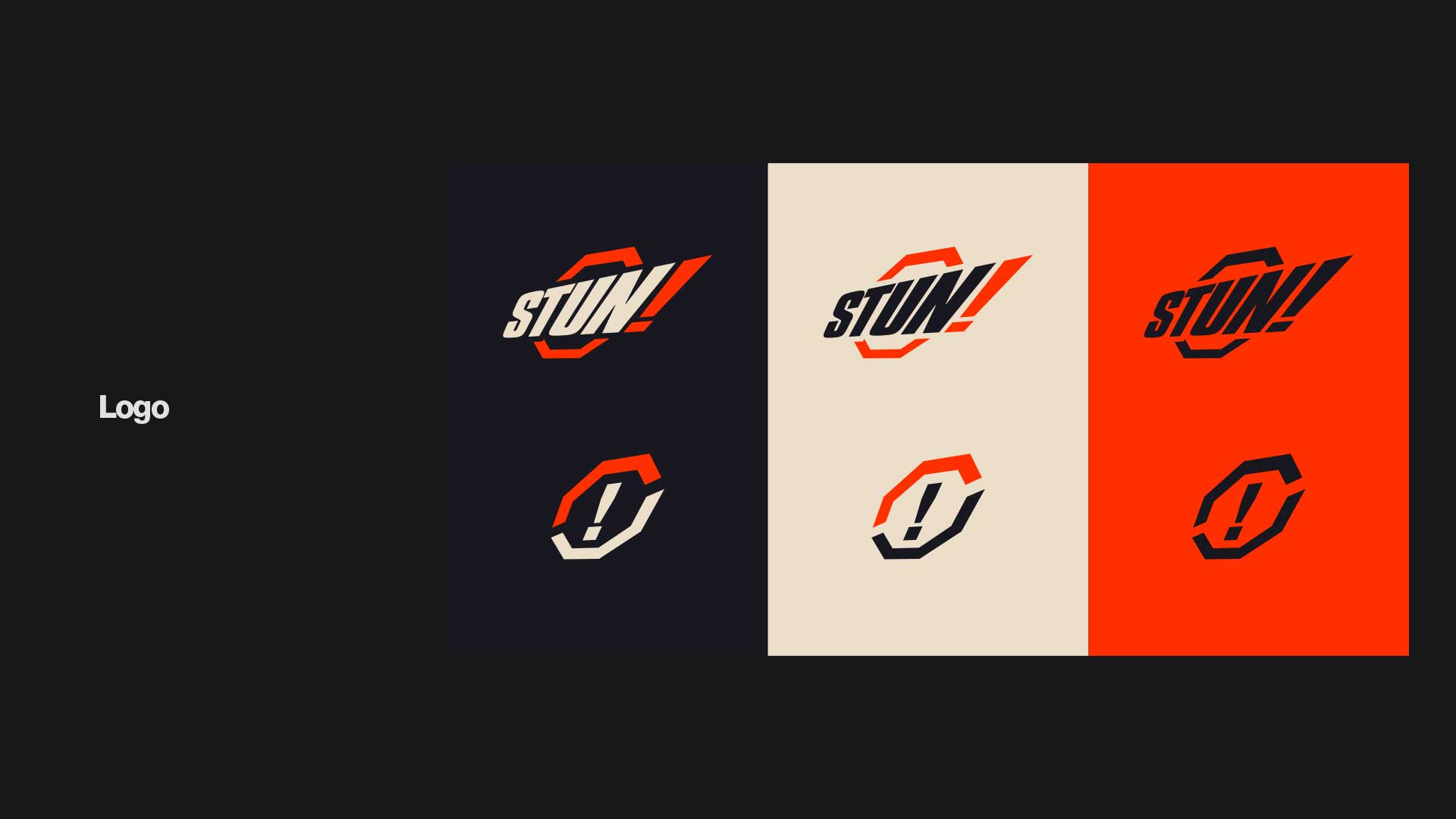 Three variations of a STUN! logo with a stylized octagonal outline and exclamation mark, displayed on black, beige, and red backgrounds.