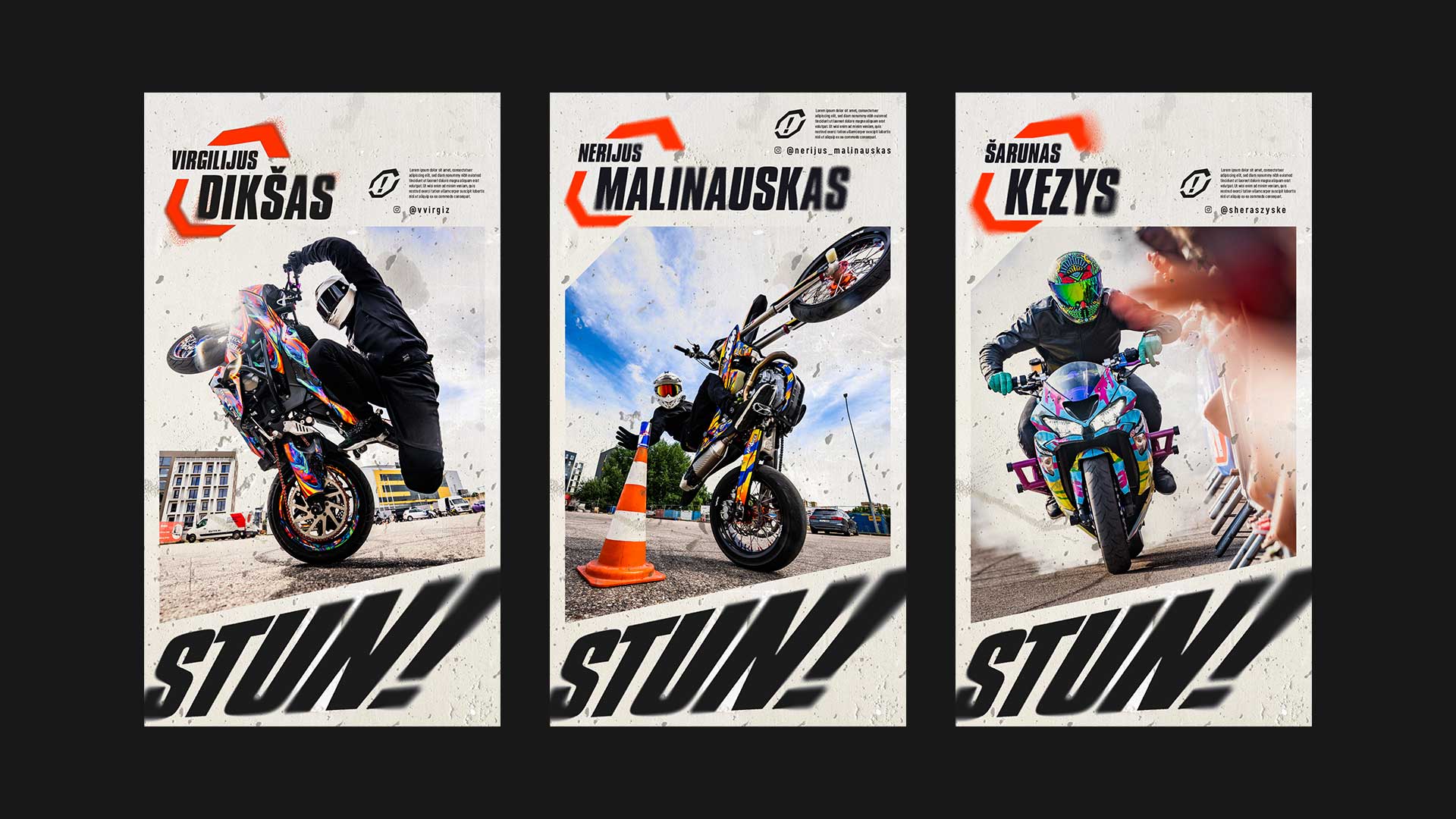 Three posters showing motorcyclists Virgilijus Diksas, Nerijus Malinauskas, and Sarunas Kezys performing stunts on colorful motorcycles.
