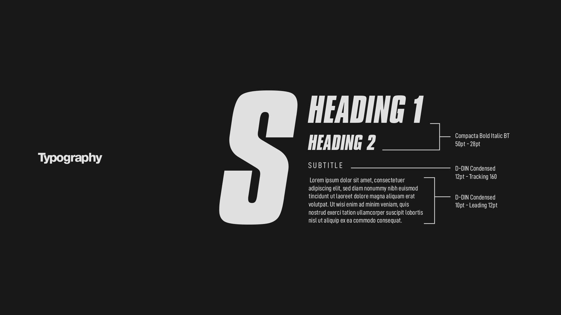 Typography guide showing font styles and sizes for headings and body text on a black background.