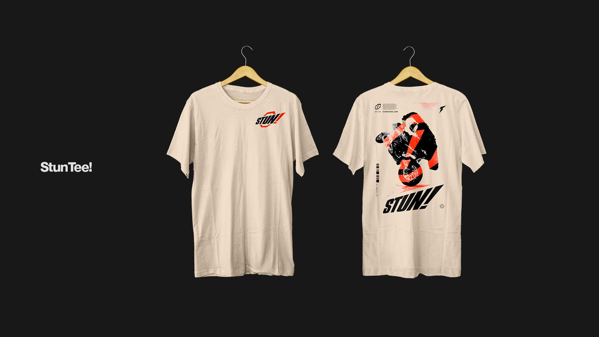 Beige T-shirt with 'STUN!' logo on front left chest and a graphic of a motorcycle stunt and 'STUN!' text on the back.