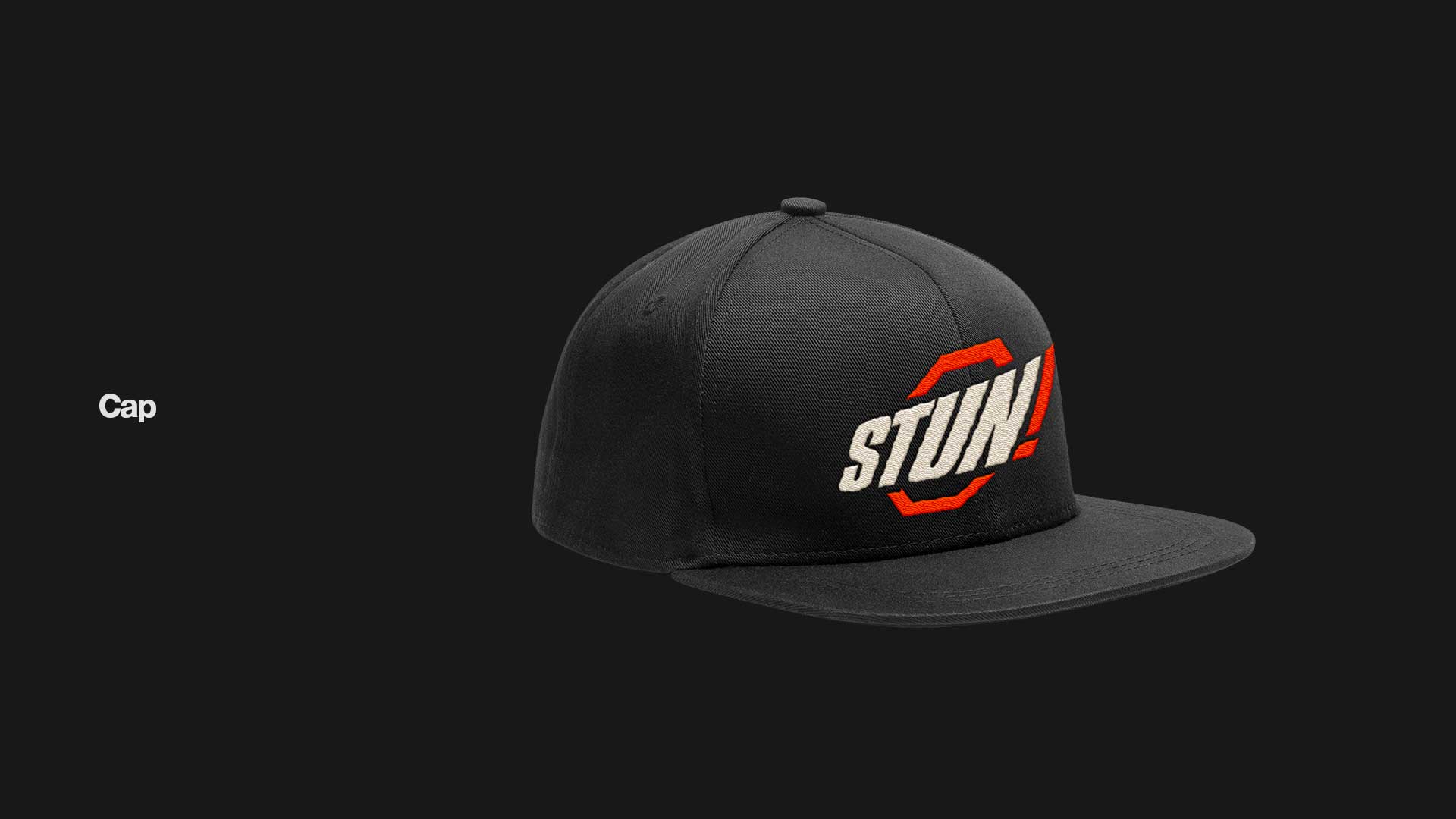 Black snapback cap with a red octagonal outline and the word 'STUN!' embroidered in white on the front.