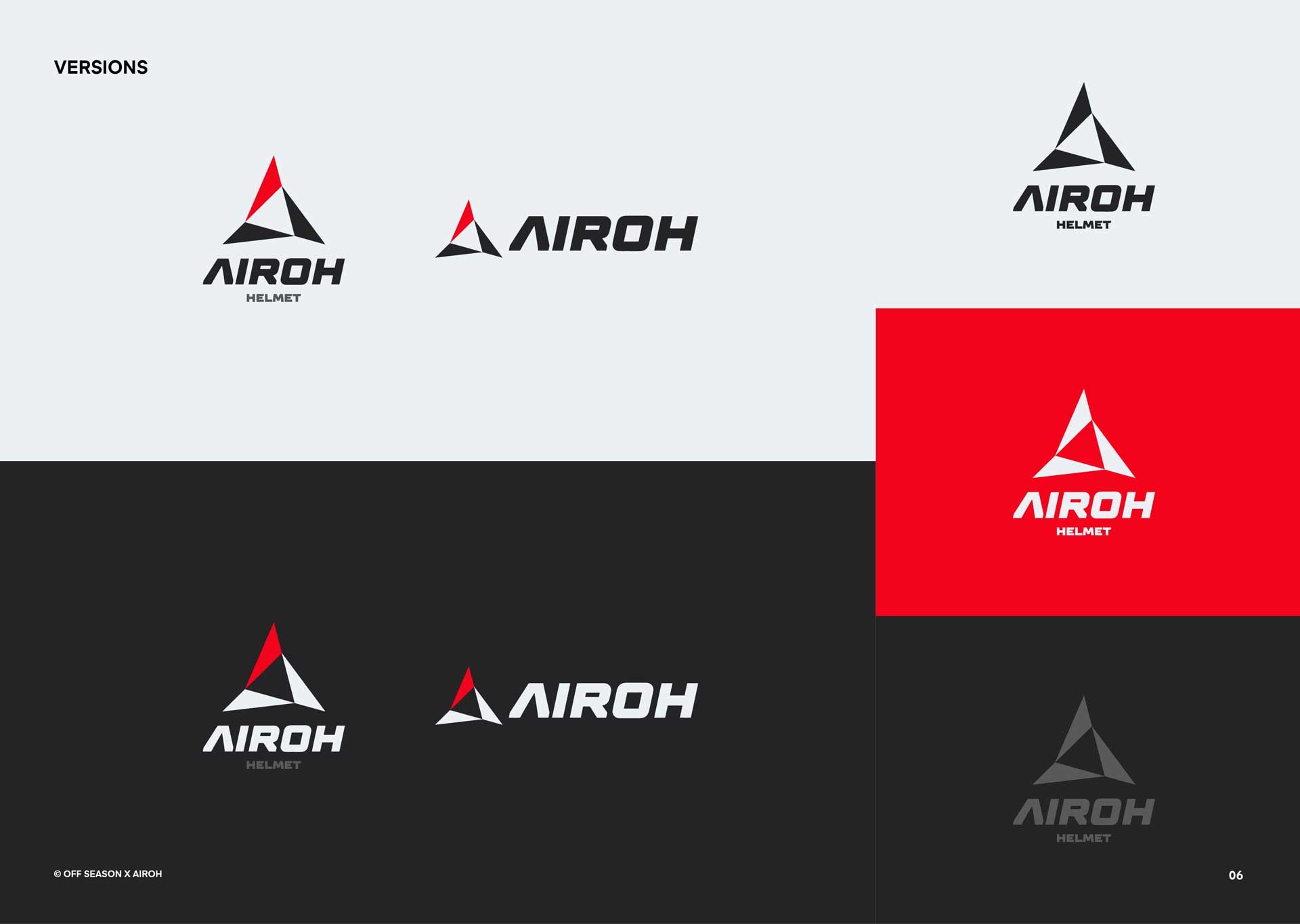 Different versions of the AIROH helmet logo in black, red, and white on light and dark backgrounds.