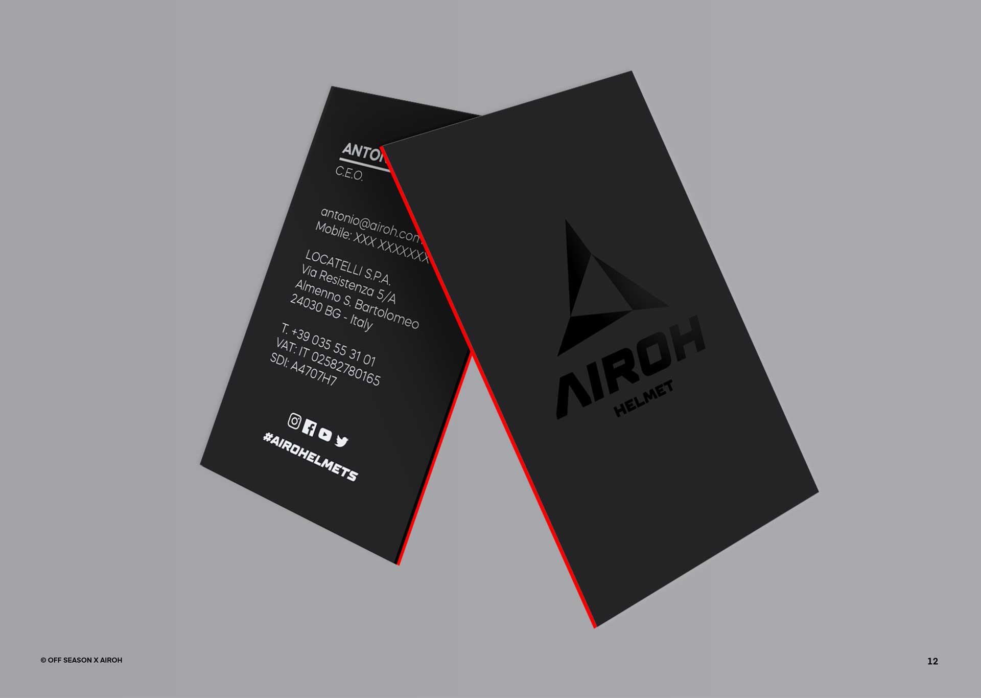 Two black business cards with red edges, one showing the AIROH helmet logo and the other displaying contact information for Antonio, CEO of Locatelli S.P.A. in Italy.