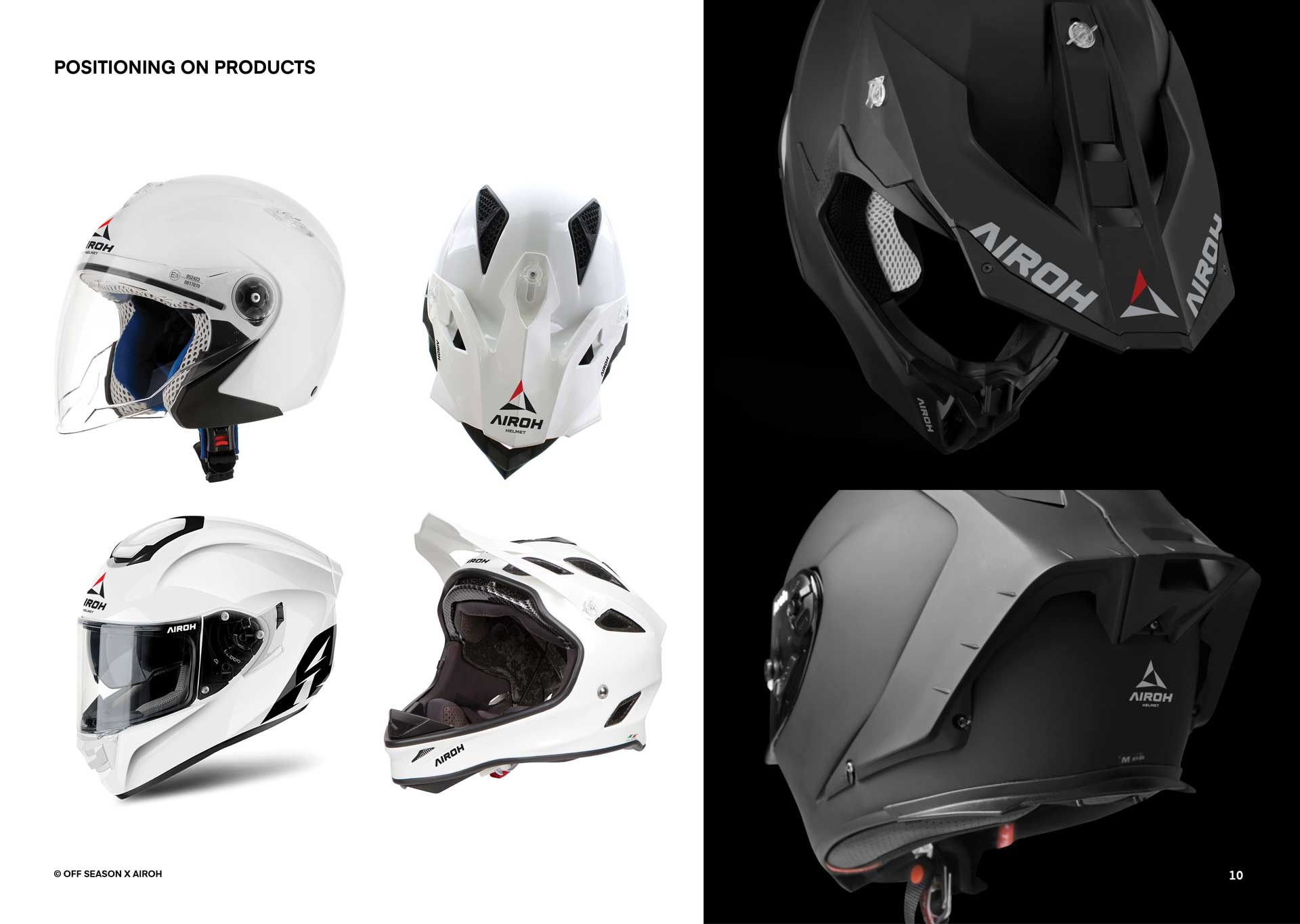 Collage of five motorcycle helmets by Airoh showing different styles and angles in white and black.