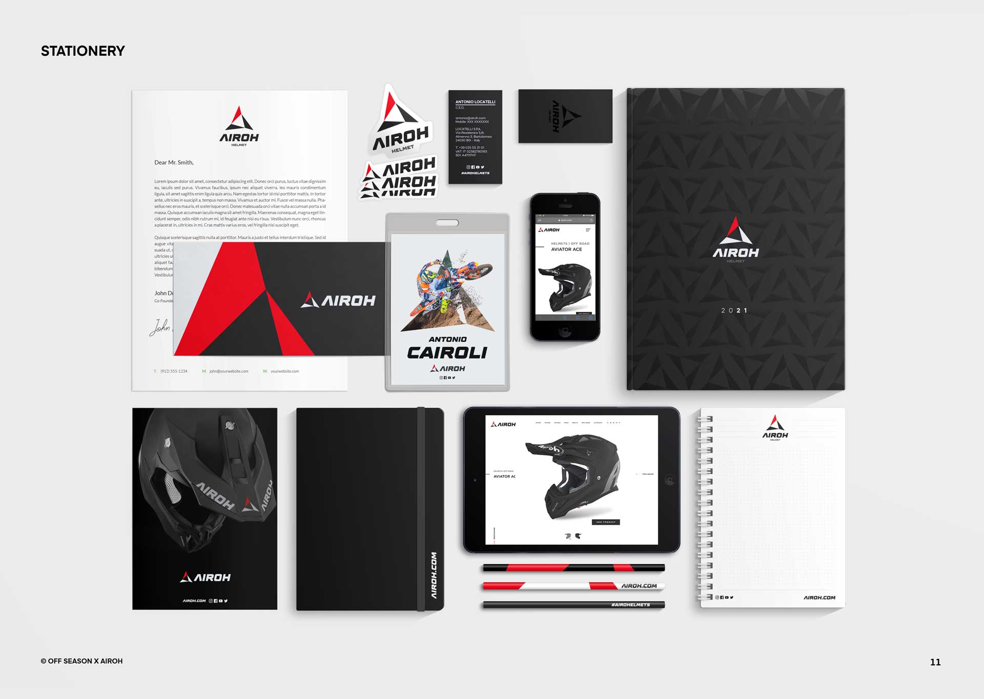 Collection of Airoh branded stationery including letterhead, business cards, stickers, badge, notebooks, pencils, brochure, tablet and phone displaying helmets, and a helmet catalog.