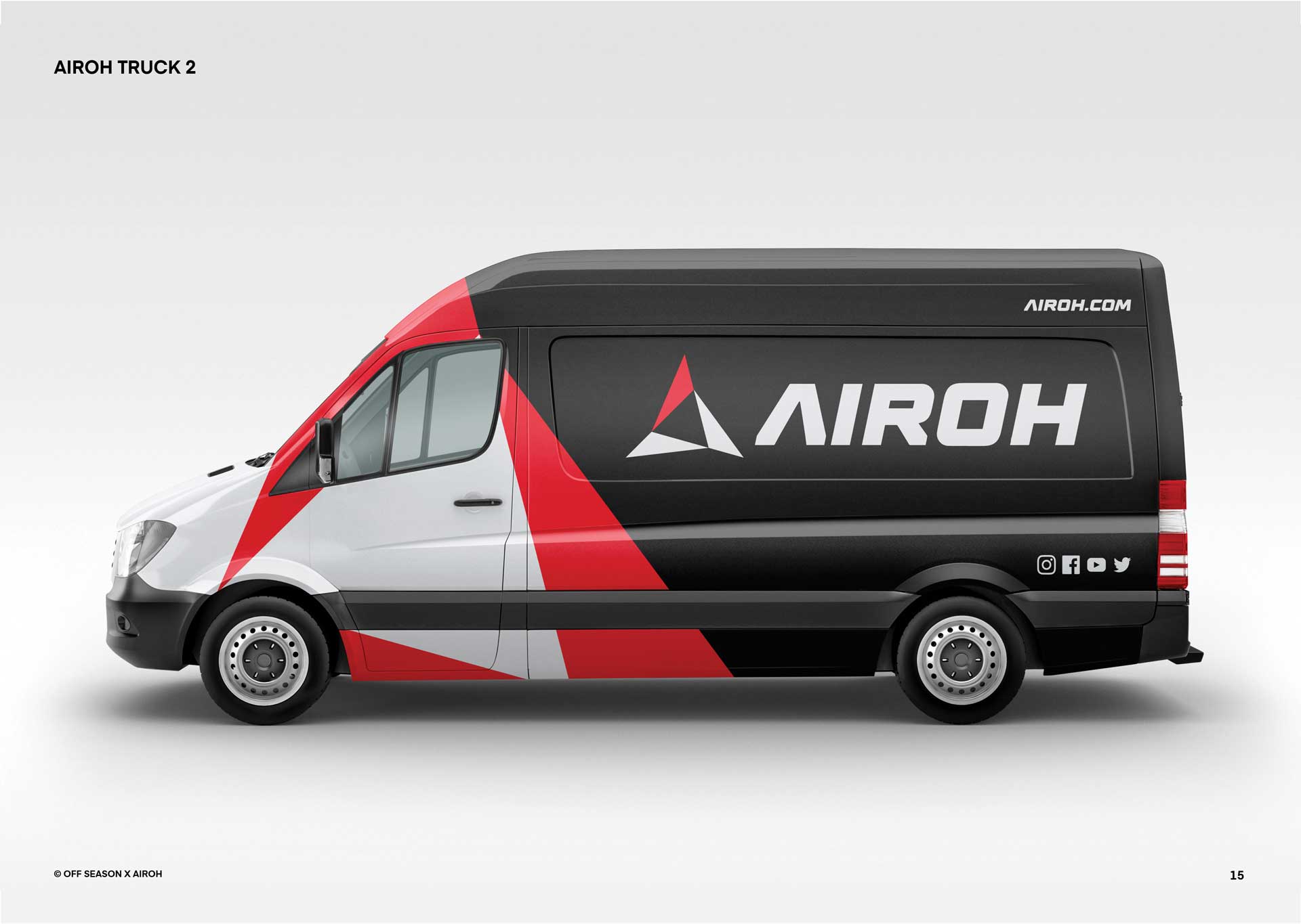 Side view of a black, white, and red delivery van with the AIROH logo and social media icons on the back.