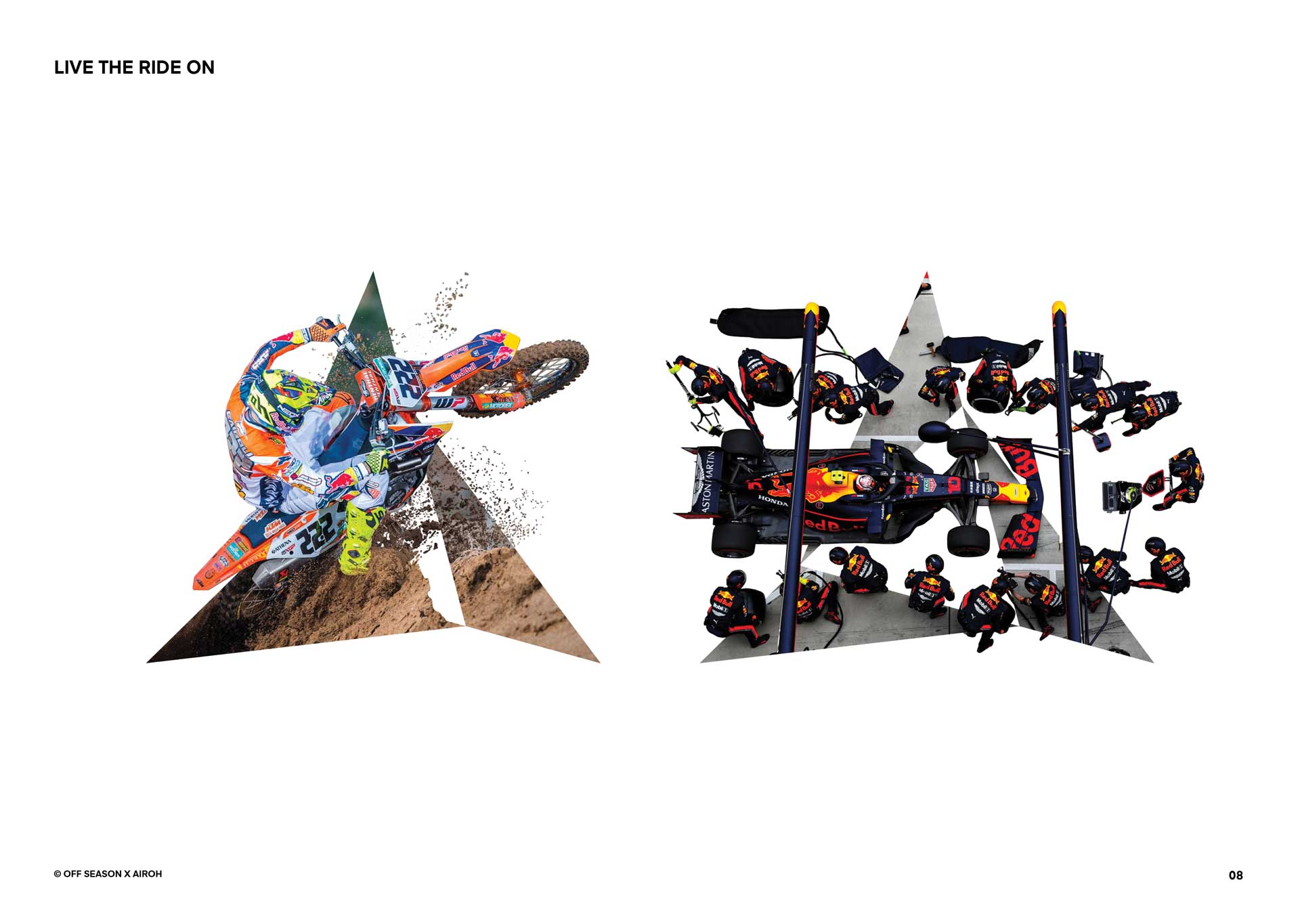 Left image showing a motocross rider airborne on a dirt bike kicking up mud, right image depicting a top-down view of a Formula 1 pit crew servicing a Red Bull race car.