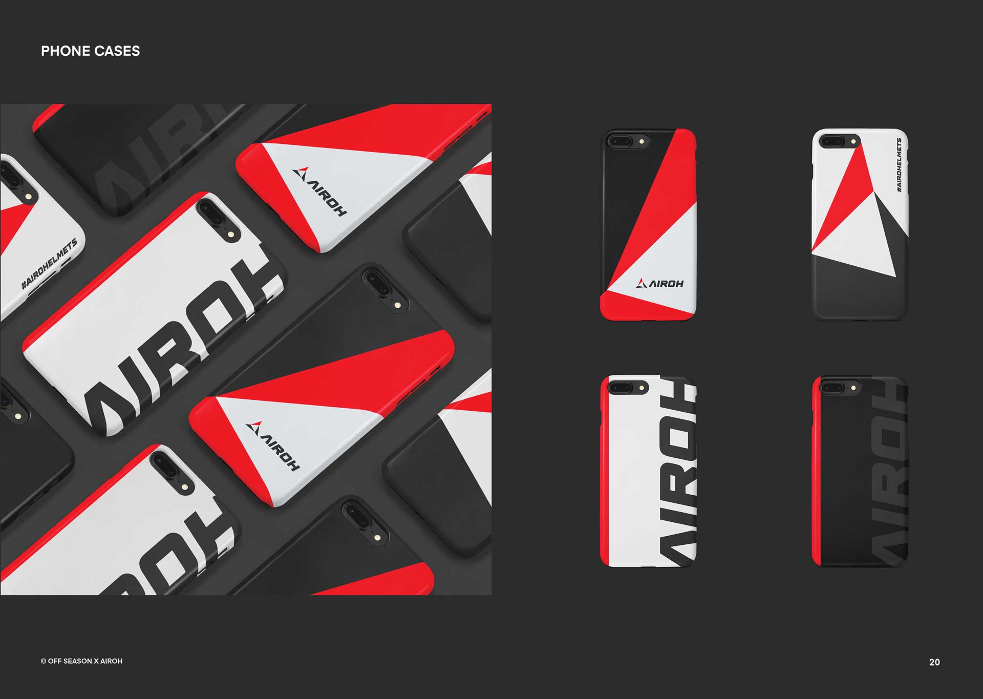 Collection of phone cases with red, white, and black geometric designs featuring AIROH branding and hashtag #AIROHELMETS.