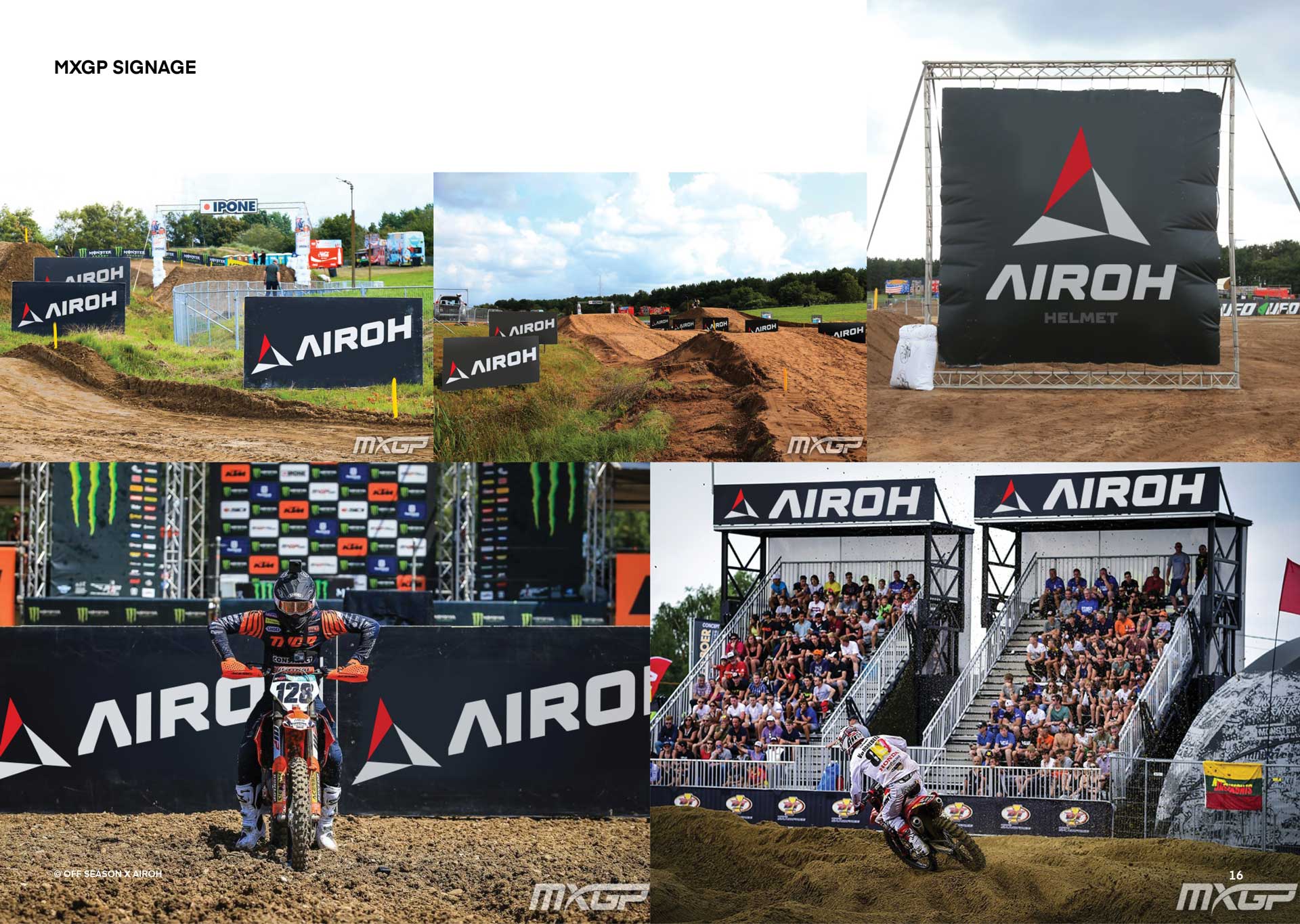 Collage of motocross MXGP signage featuring AIROH branding on banners, trackside signs, and spectator stands with riders on dirt bikes.