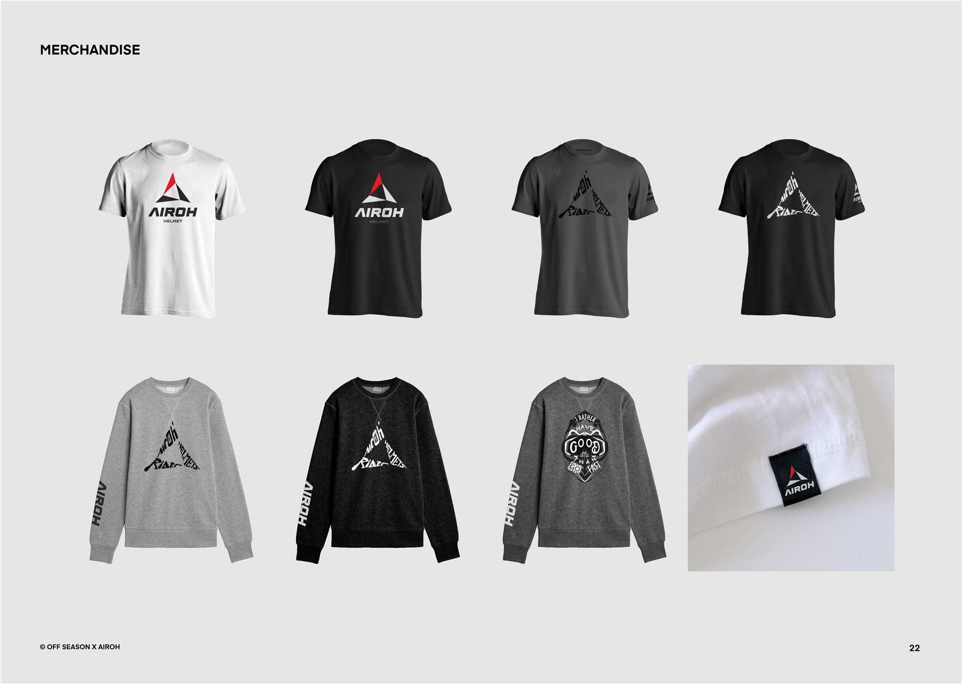 Collection of Airoh branded merchandise including four t-shirts and three sweatshirts in black, white, and gray, featuring the Airoh logo and designs, plus a close-up of an Airoh label on a white garment.