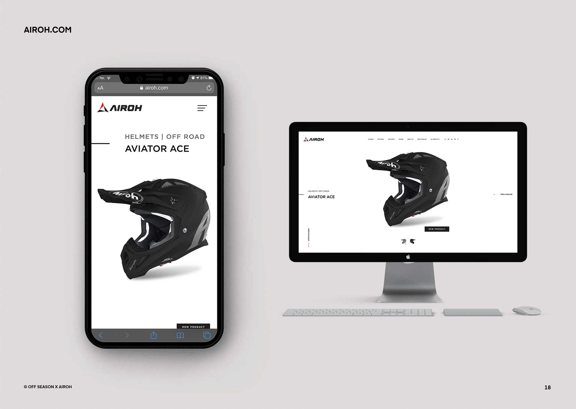 Black off-road Aviator Ace helmet displayed on a smartphone and a desktop screen with a white background.