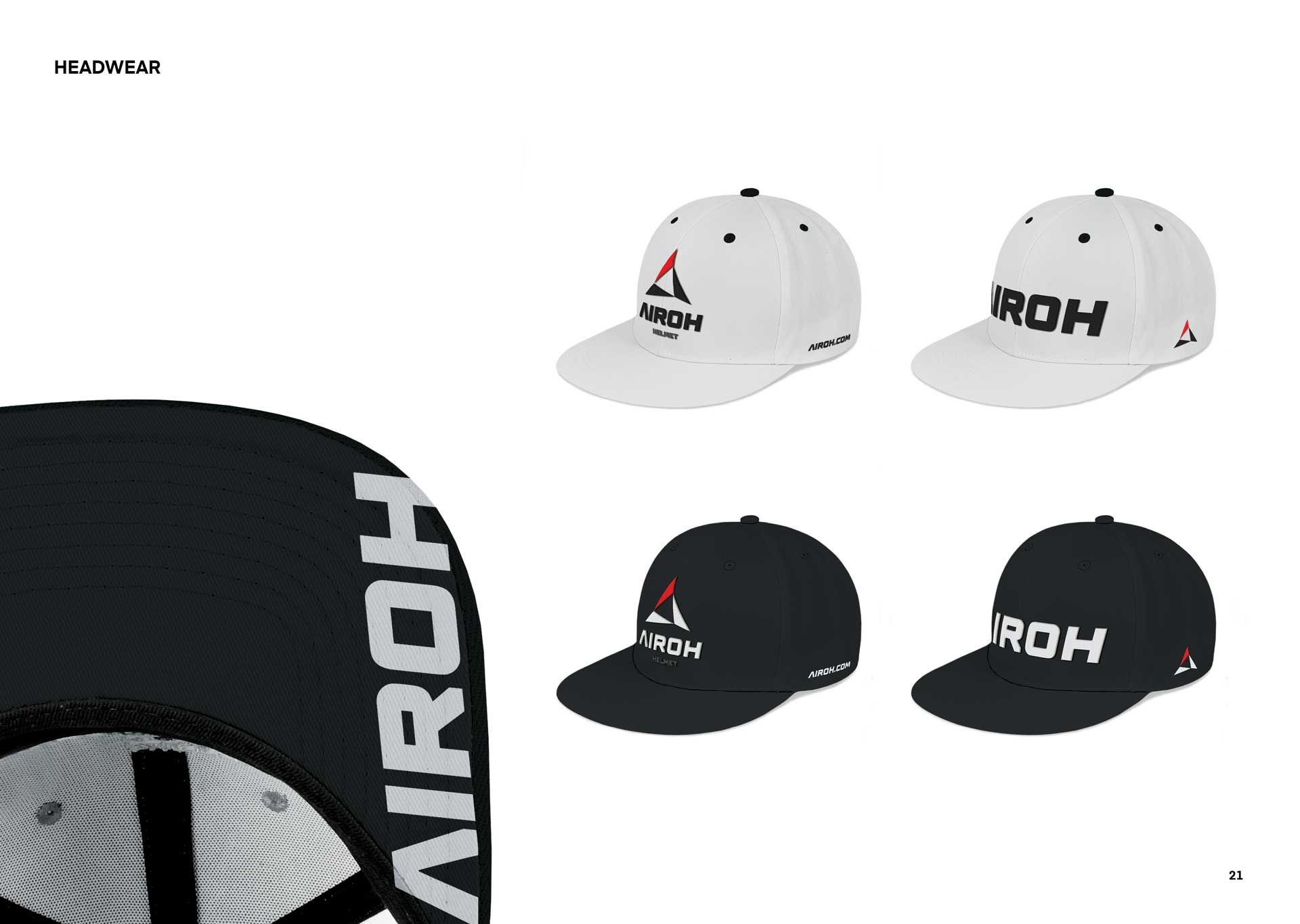 Four snapback caps in white and black with the Airoh logo and branding on the front, sides, and brim.