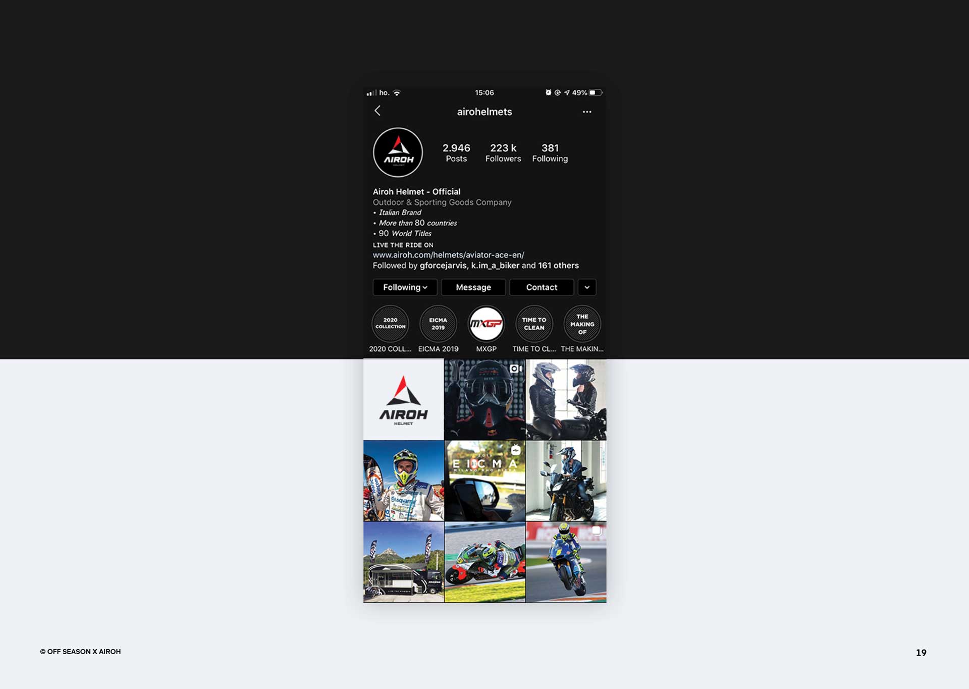 Screenshot of Airoh Helmets official Instagram profile showing their logo, follower count, description, and recent posts featuring helmets and motorcycles.