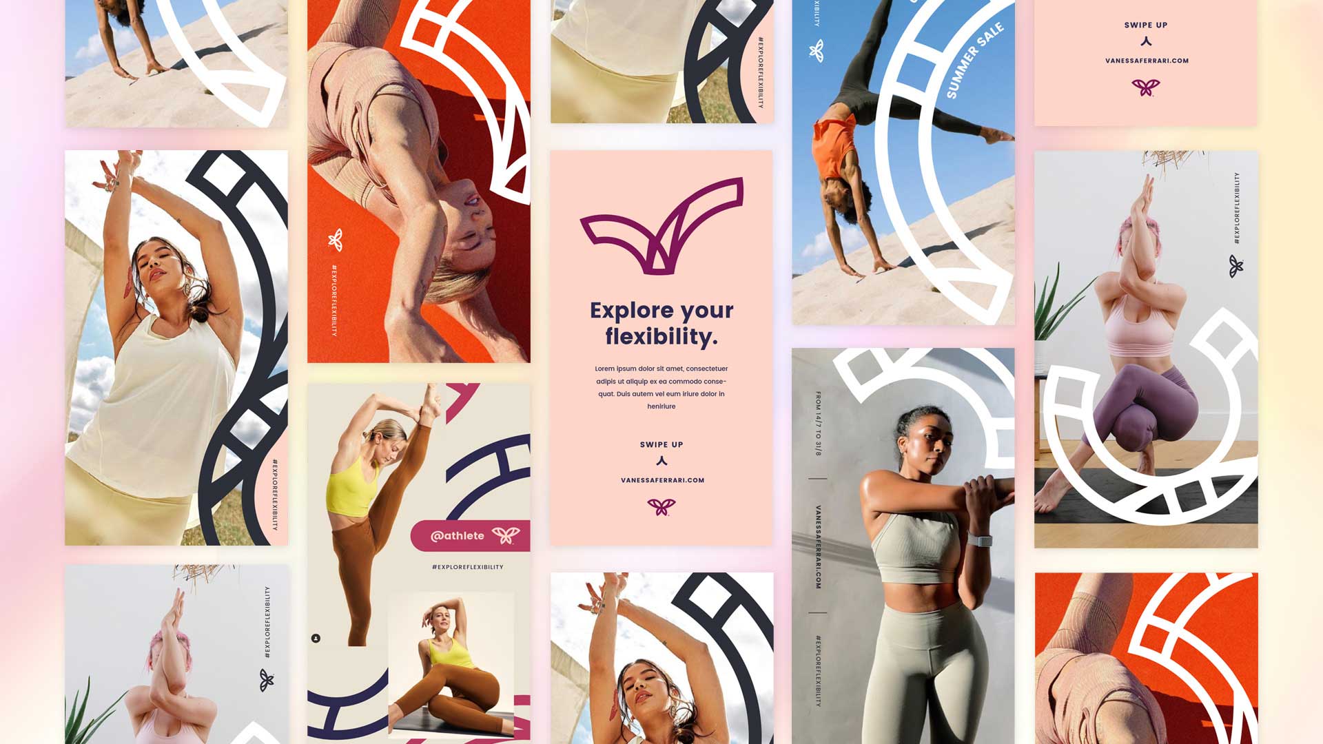 Collage of diverse women in various yoga and flexibility poses with text 'Explore your flexibility' and website vanessaferrari.com for a summer sale promotion.