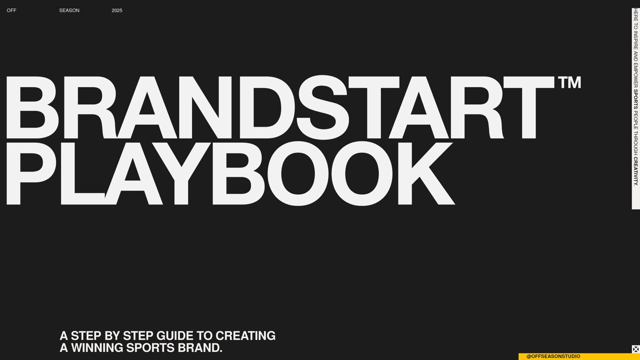 Black cover with large white text reading 'BRANDSTART PLAYBOOK' and smaller text 'A step by step guide to creating a winning sports brand.'