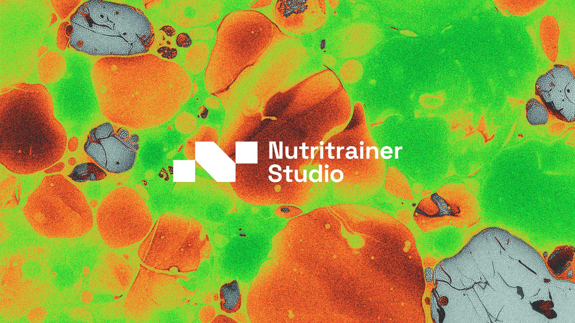 Colorful abstract background with green, orange, and gray shapes and Nutritrainer Studio logo in white.