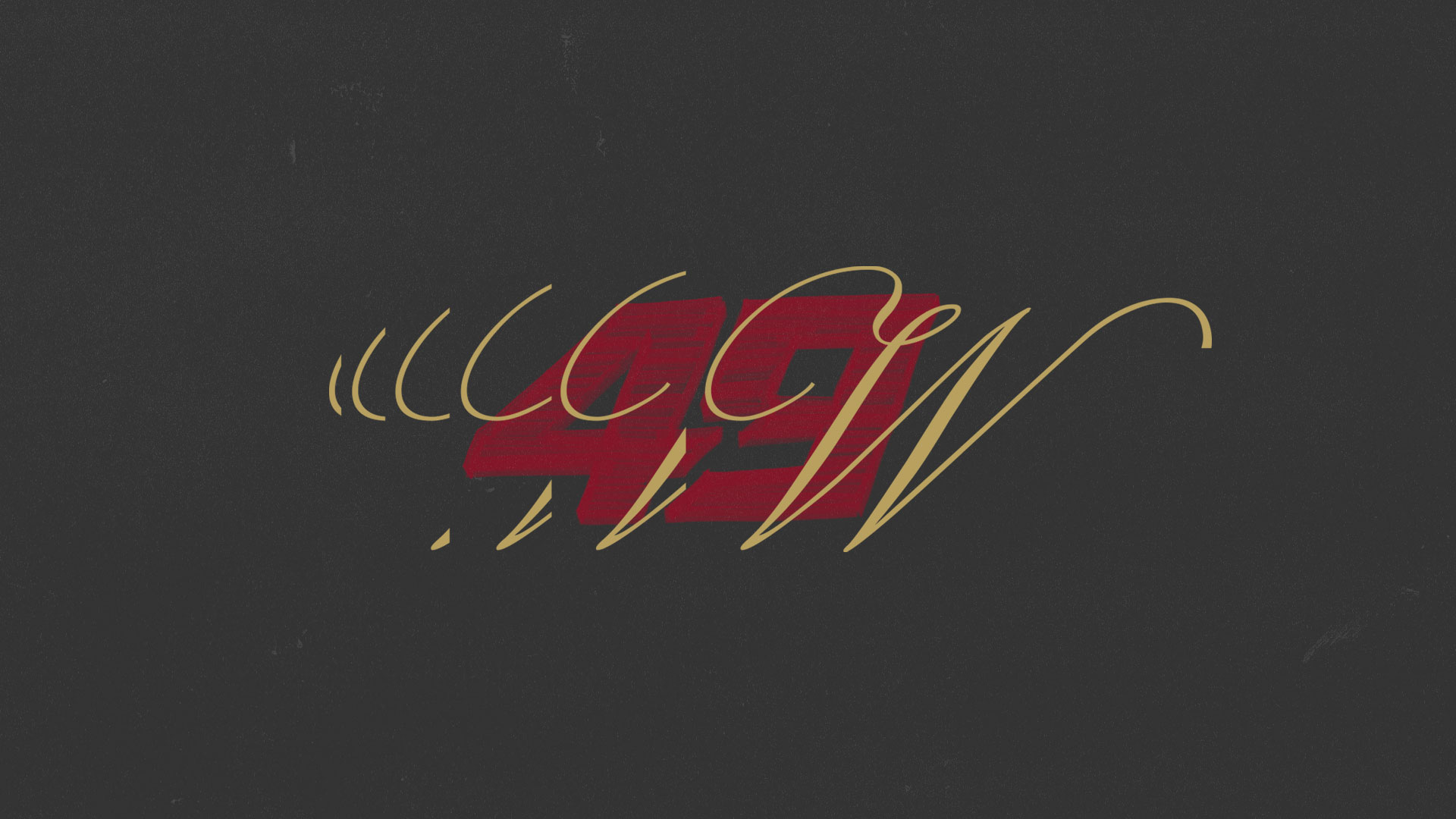Red number 49 with overlapping gold decorative cursive letters on a black textured background.