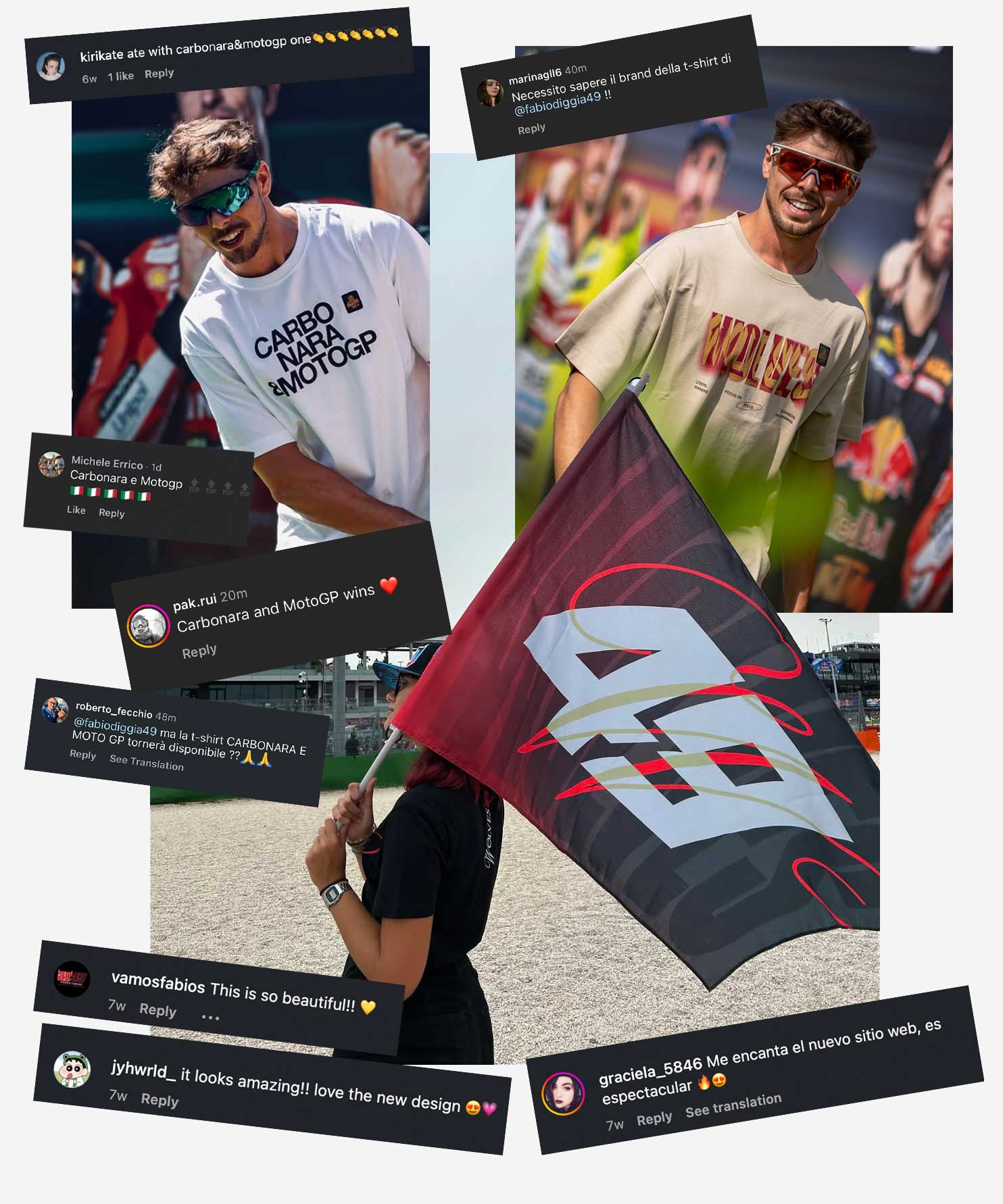 Collage showing two men wearing MotoGP-themed t-shirts and a woman holding a racing flag with the number 49, surrounded by social media comments praising carbonara and MotoGP shirts.