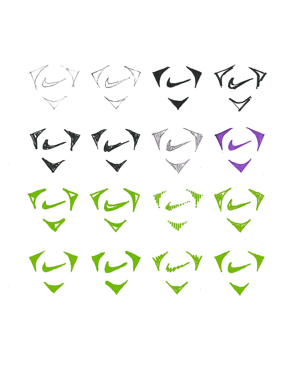 Array of hand-drawn Nike swoosh logo variations in black, purple, and green ink on white background.