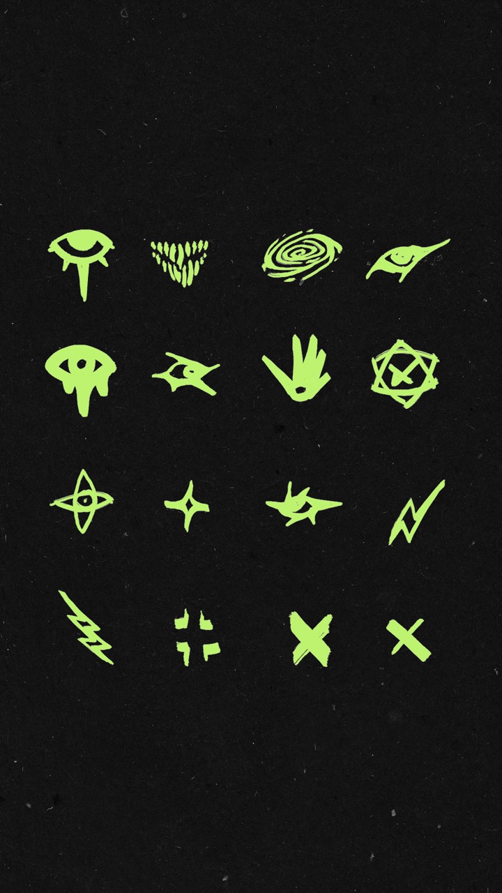 Four rows of green abstract symbols on a black background, including eyes, hands, stars, lightning bolts, and crosses.