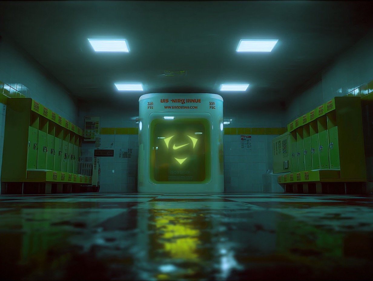 Dimly lit locker room with green lockers on both sides and a glowing Nike logo displayed on a central white structure.