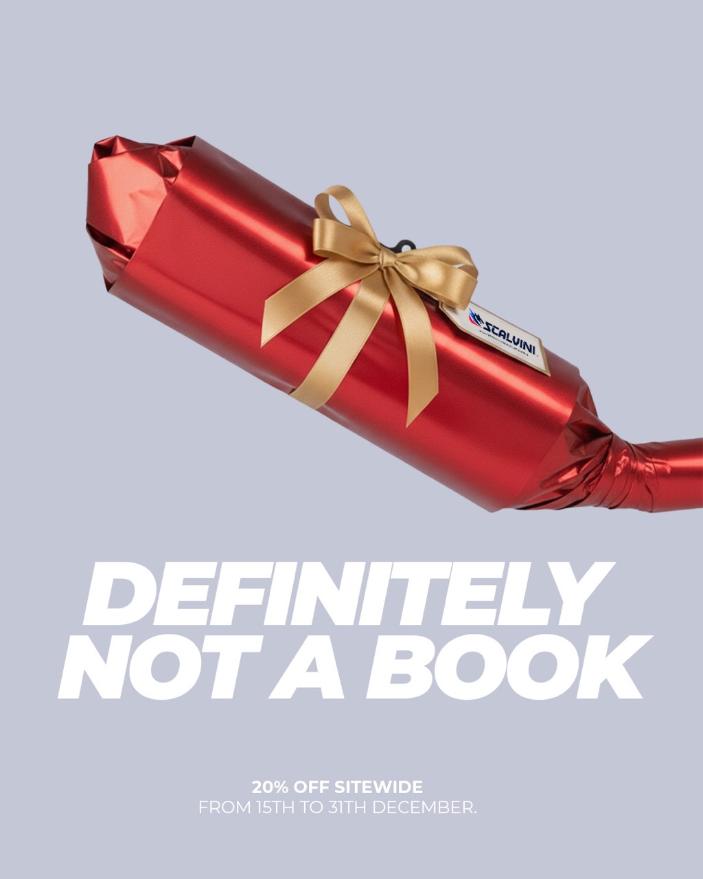 Red cylindrical gift wrapped with a golden ribbon and a Scalvini tag, above text stating 20% off sitewide from 15th to 31th December.