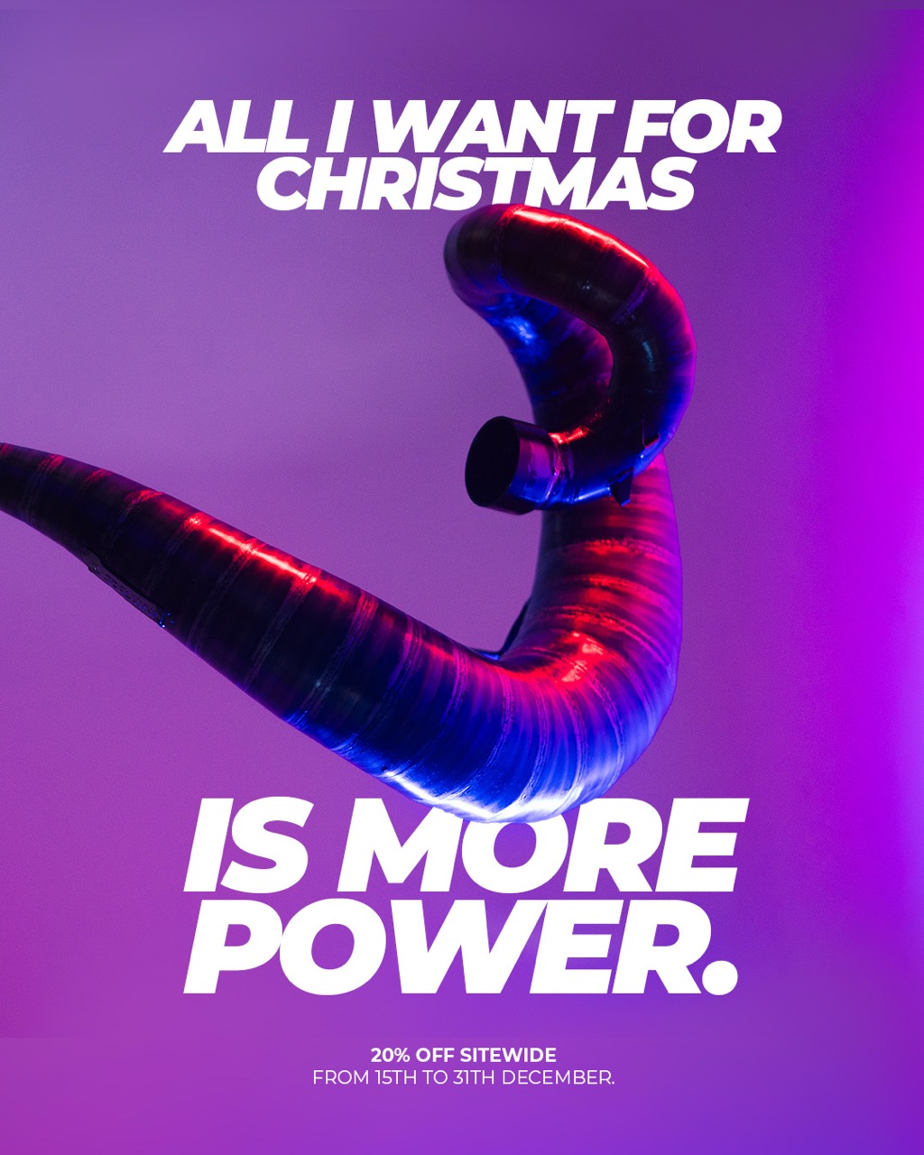 Curved shiny black exhaust pipe with red and blue lighting on a purple background with text offering 20% off sitewide from December 15 to 31.