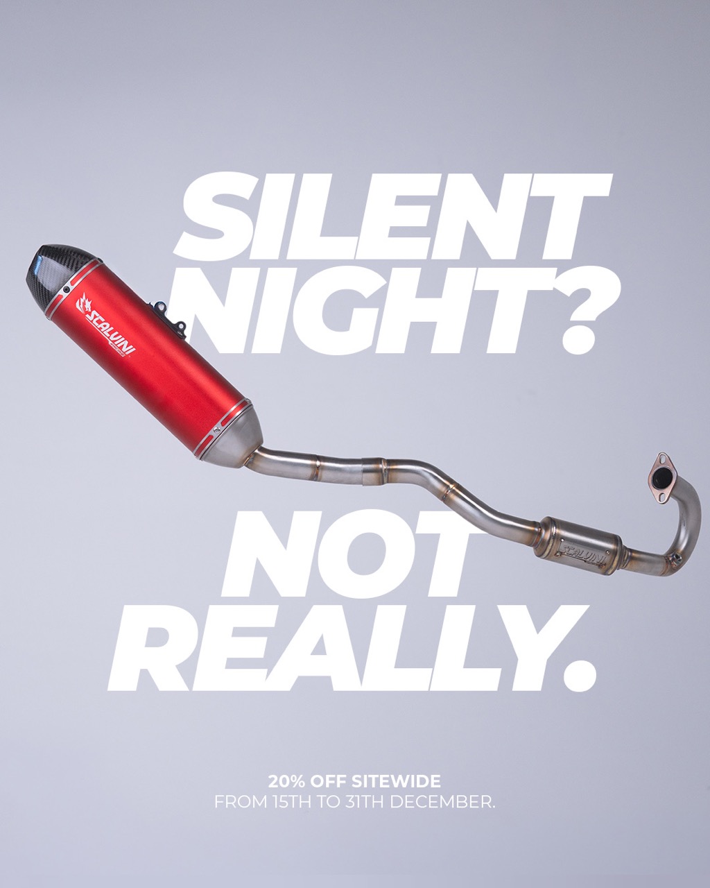 Red Scalvini motorcycle exhaust pipe against grey background with text 'Silent Night? Not Really.' and promotion for 20% off sitewide from December 15th to 31st.