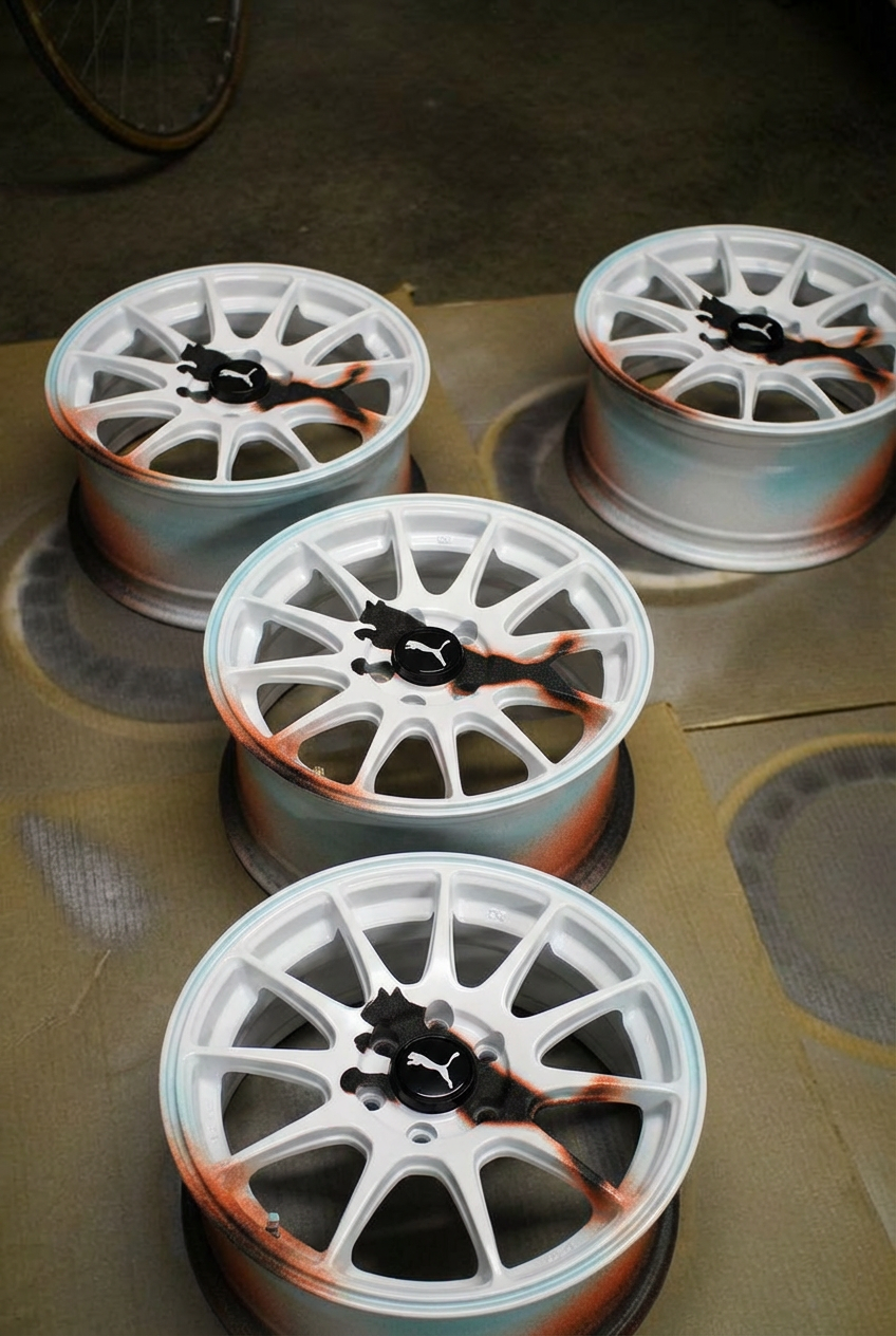 Four white multi-spoke car rims with black and orange Puma logo accents, placed on cardboard.