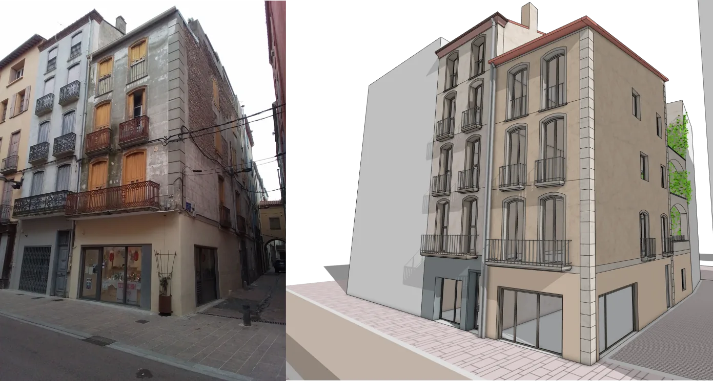 Perpignan – renouvellement urbain d’un îlot en maîtrise foncière de la collectivité – support de travail pour la présentation aux services de l’architecture et du patrimoine d’options de projet intégrant la création d’éclairements et d’espaces extérieurs privatifs
